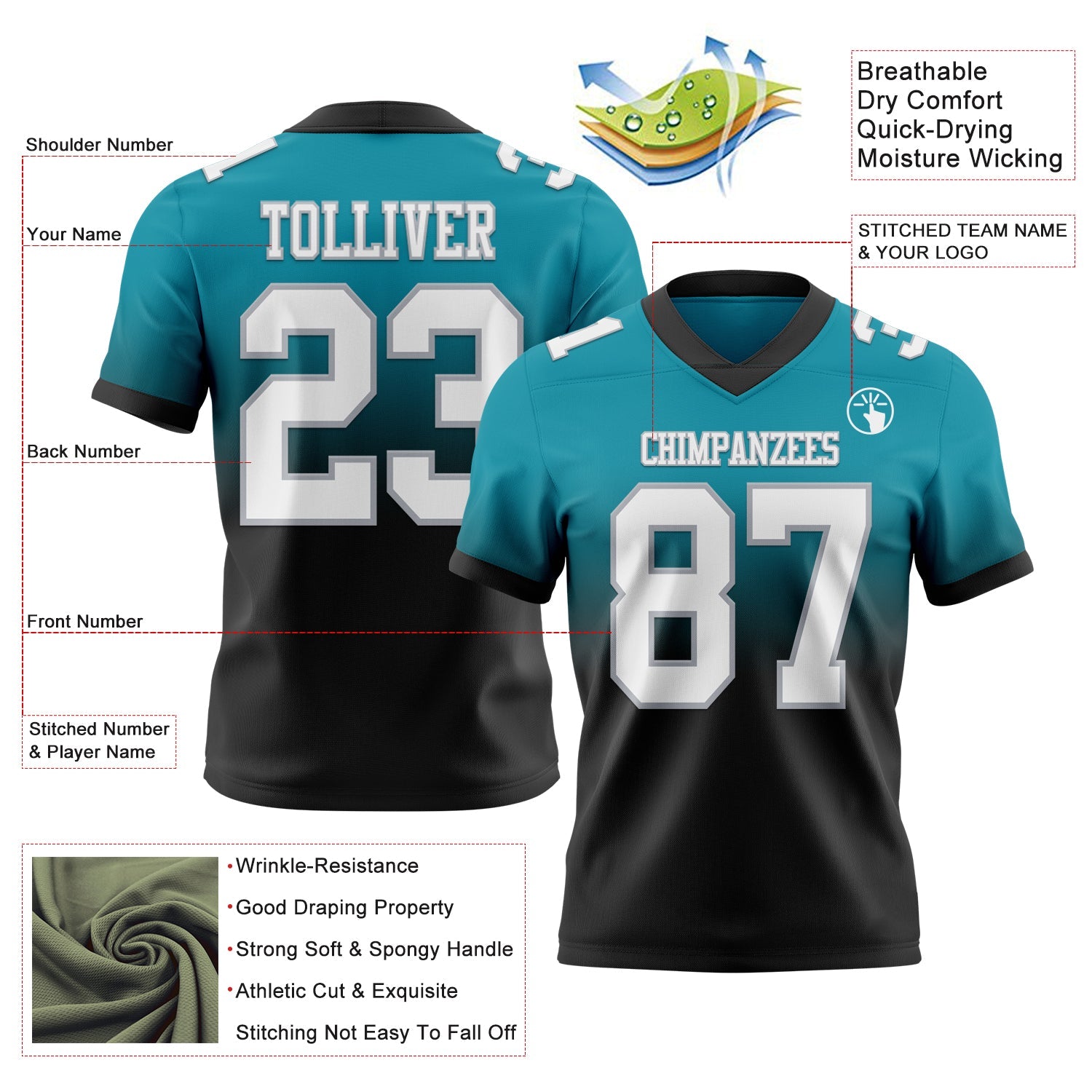 Custom Teal White Black-Gray Authentic Fade Fashion Football Jersey view 2