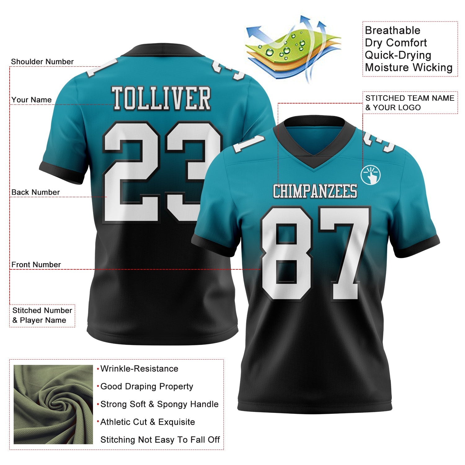 Custom Teal White-Black Authentic Fade Fashion Football Jersey view 2