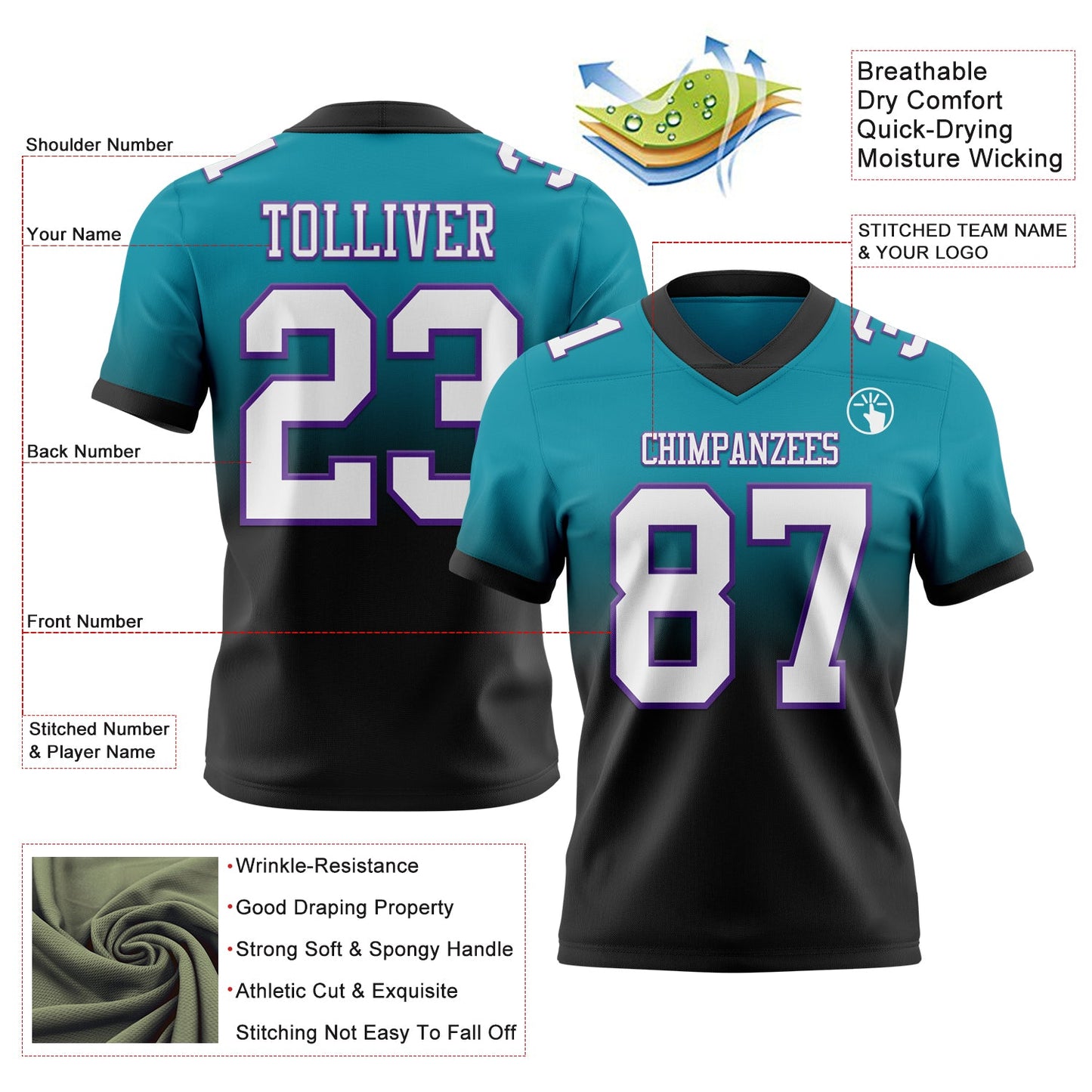 Custom Teal White Black-Purple Authentic Fade Fashion Football Jersey view 2