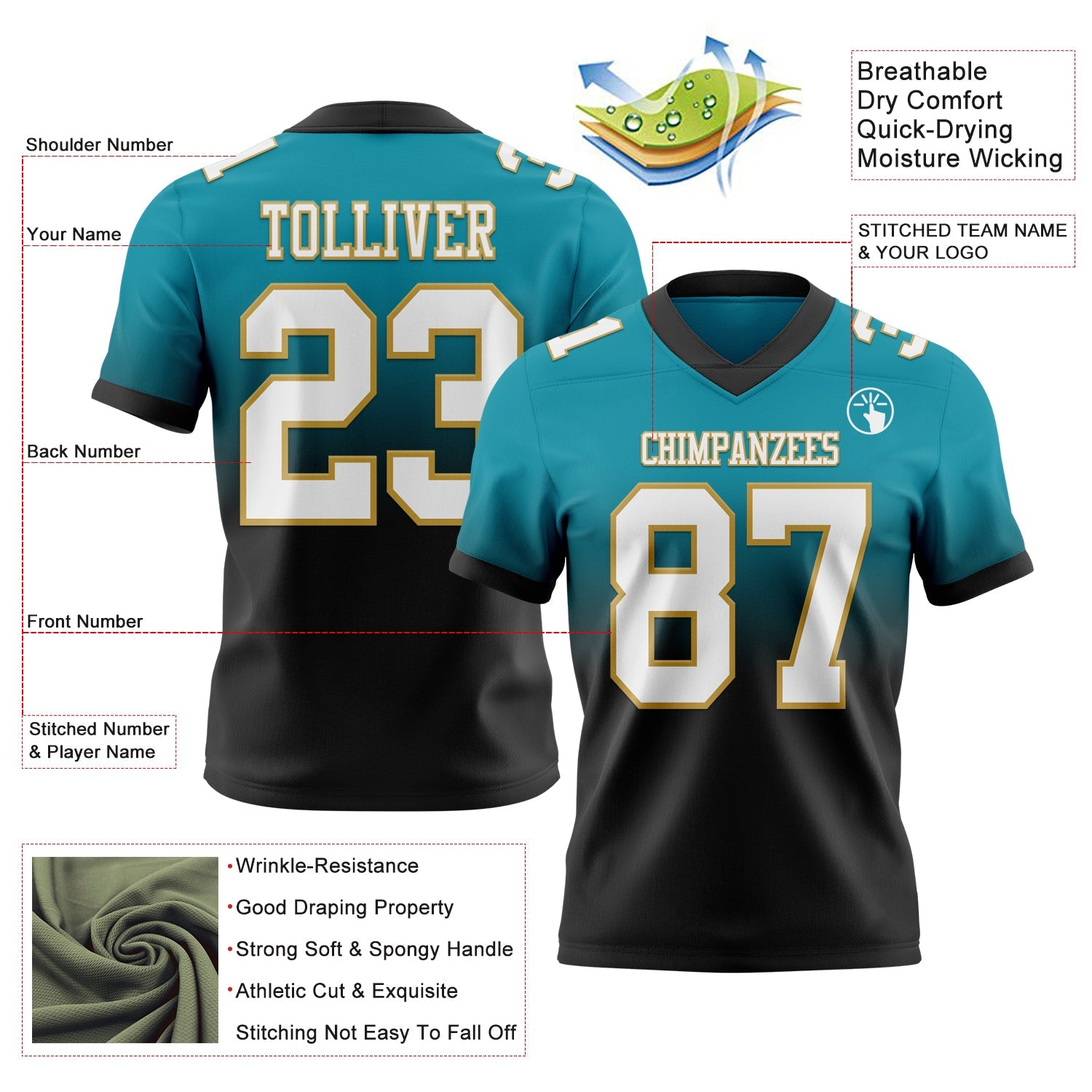 Custom Teal White Black-Old Gold Authentic Fade Fashion Football Jersey view 2