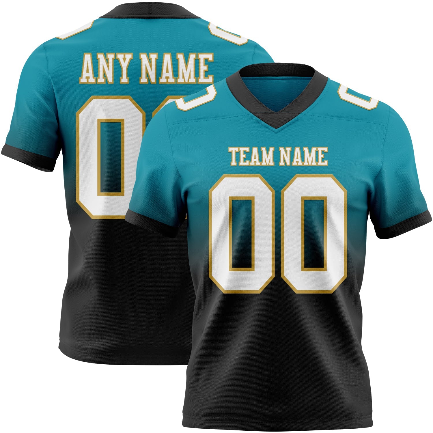 Custom Teal White Black-Old Gold Authentic Fade Fashion Football Jersey - Main View