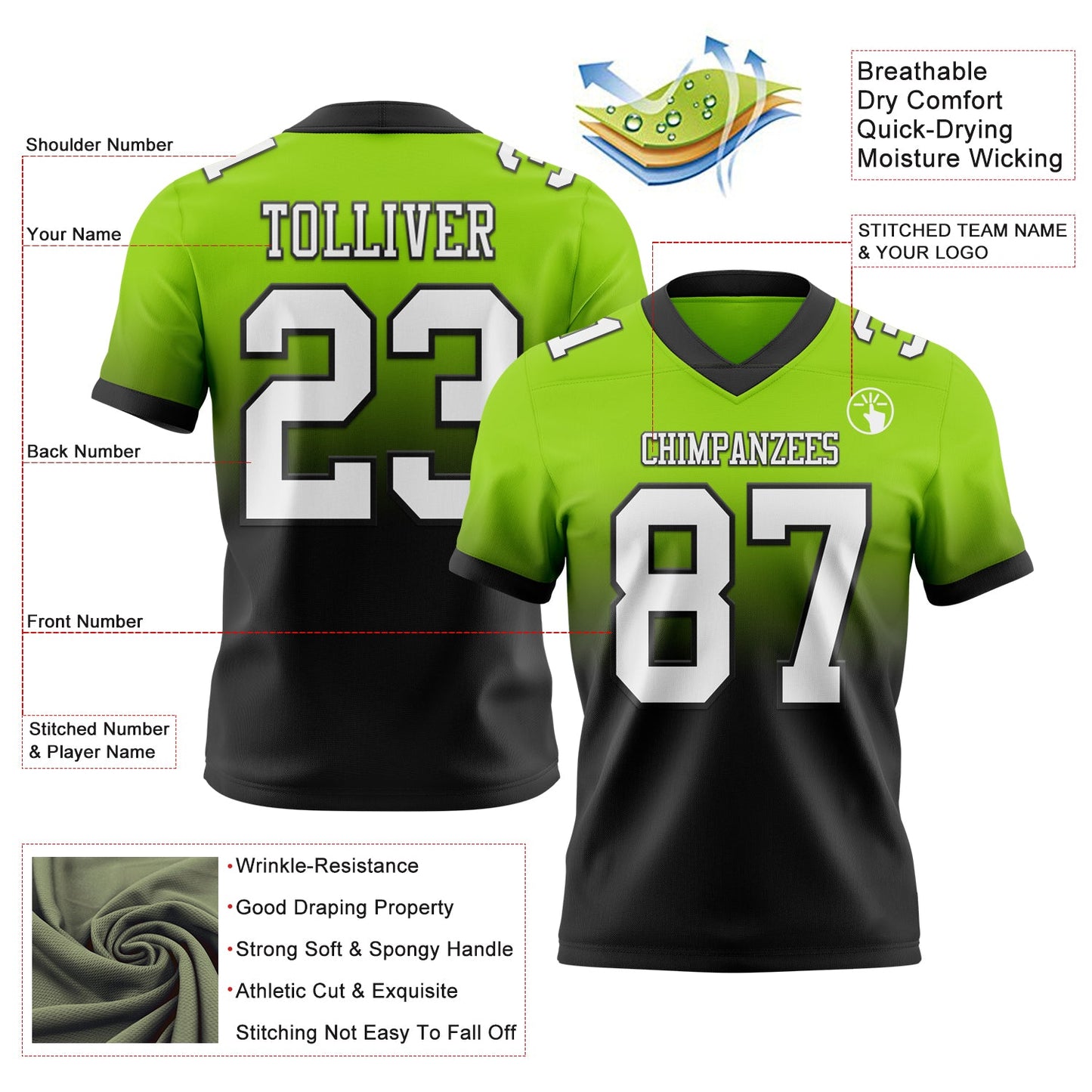 Custom Neon Green White-Black Authentic Fade Fashion Football Jersey view 2