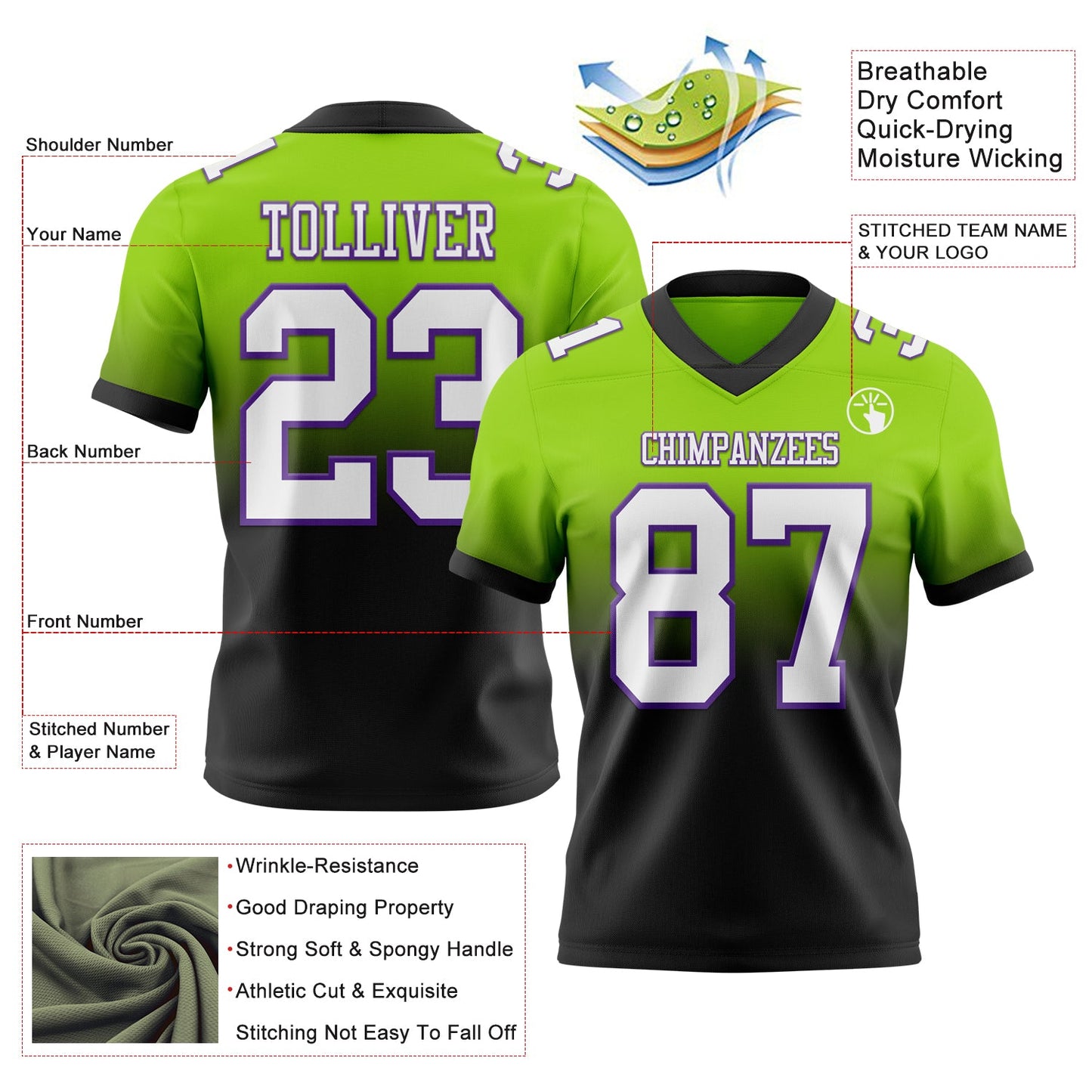 Custom Neon Green White Black-Purple Authentic Fade Fashion Football Jersey view 2