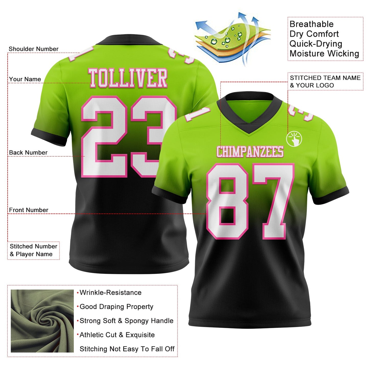 Custom Neon Green White Black-Pink Authentic Fade Fashion Football Jersey view 2