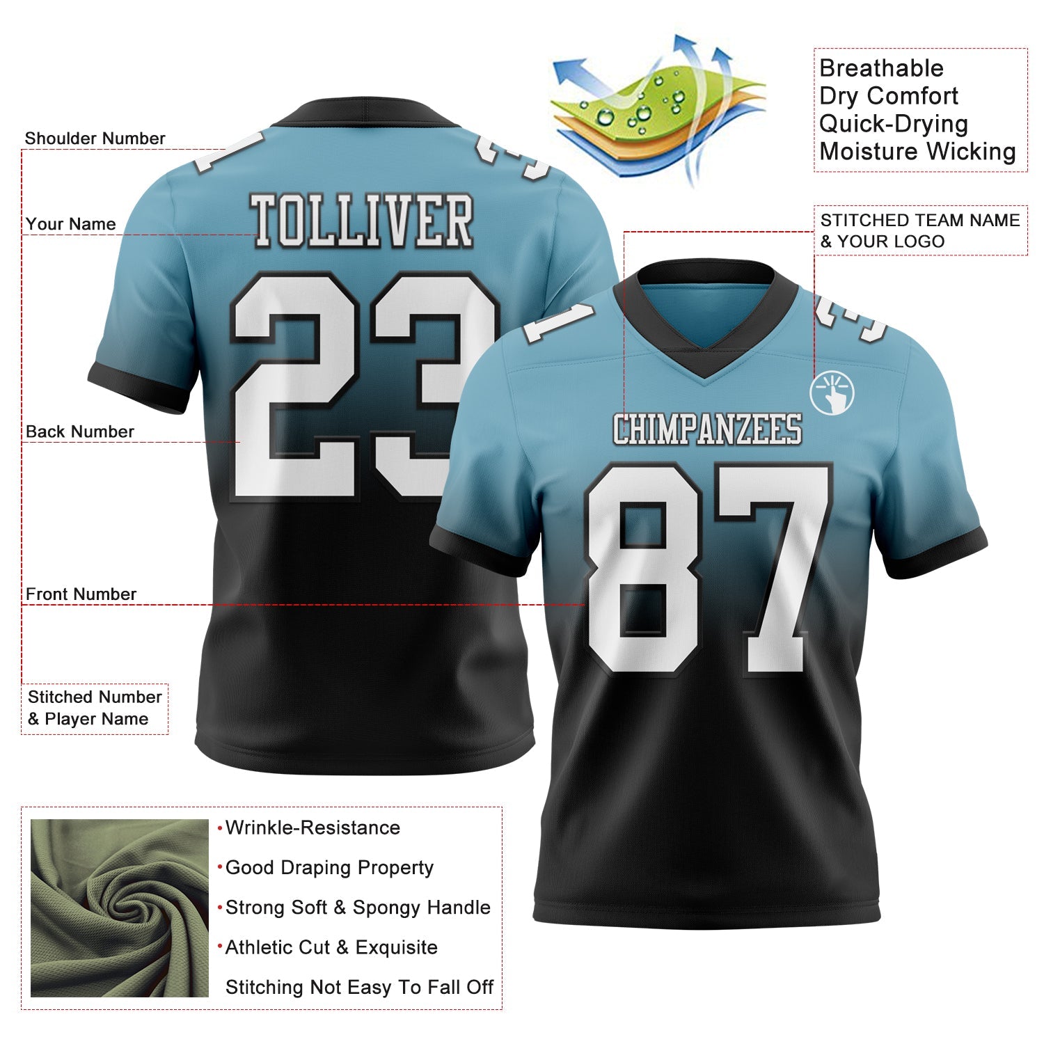 Custom Shadow Blue White-Black Authentic Fade Fashion Football Jersey view 2