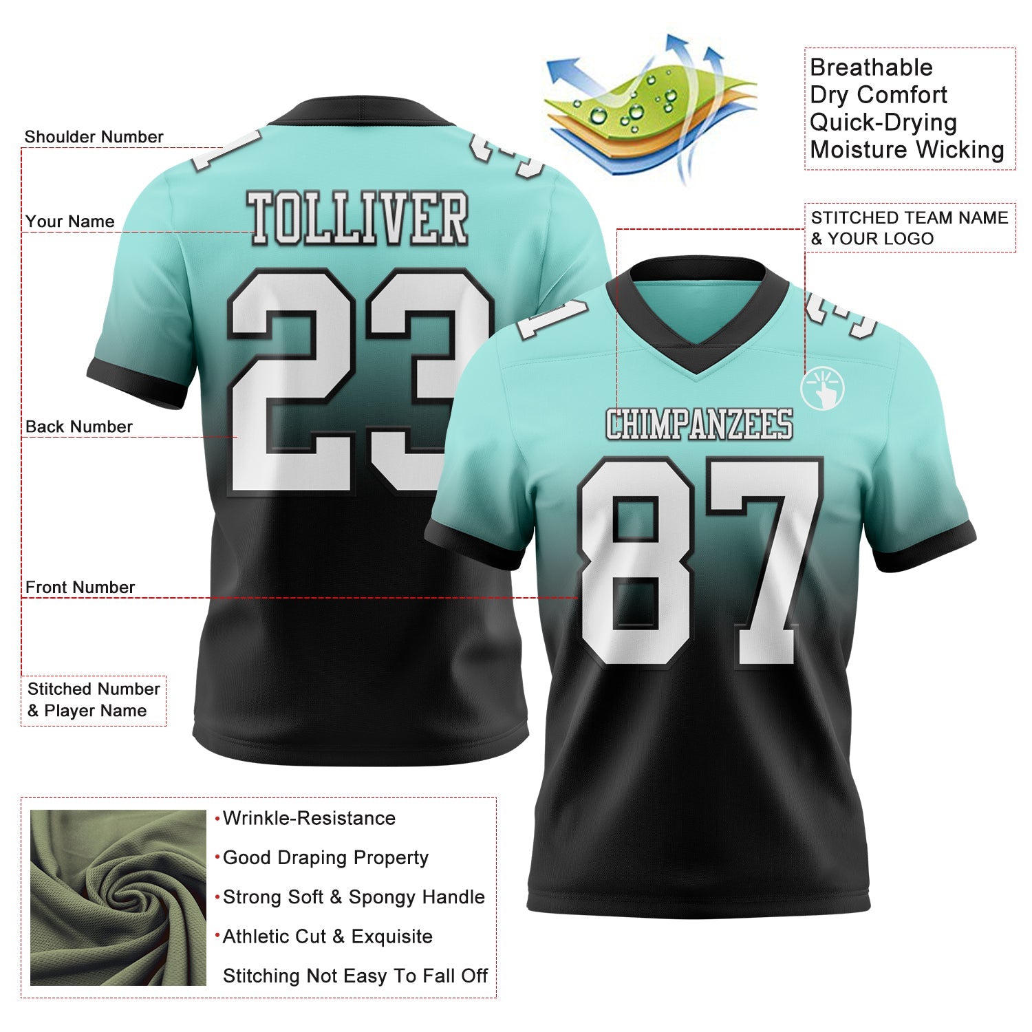 Custom Ice Blue White-Black Authentic Fade Fashion Football Jersey view 2