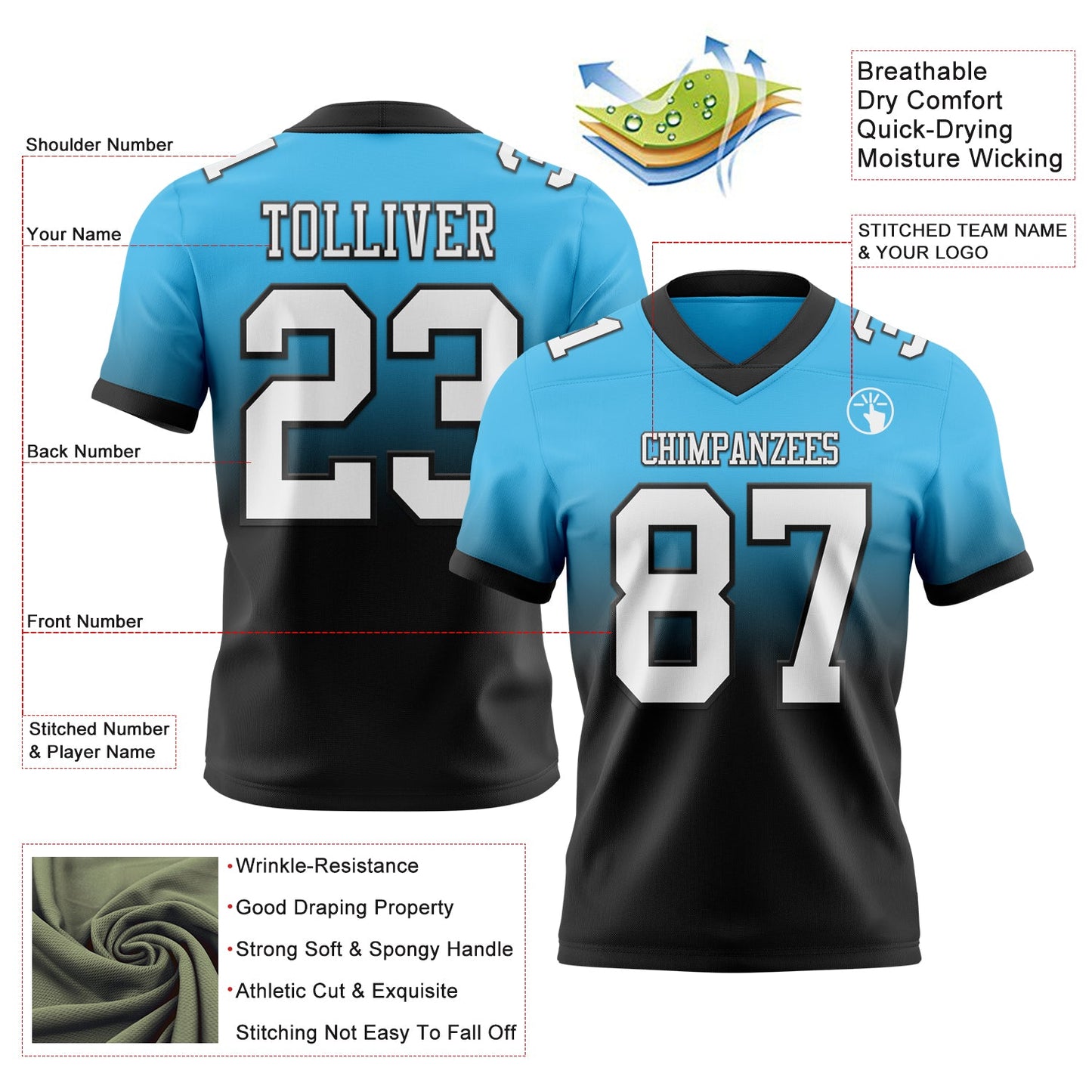 Custom Sky Blue White-Black Authentic Fade Fashion Football Jersey view 2
