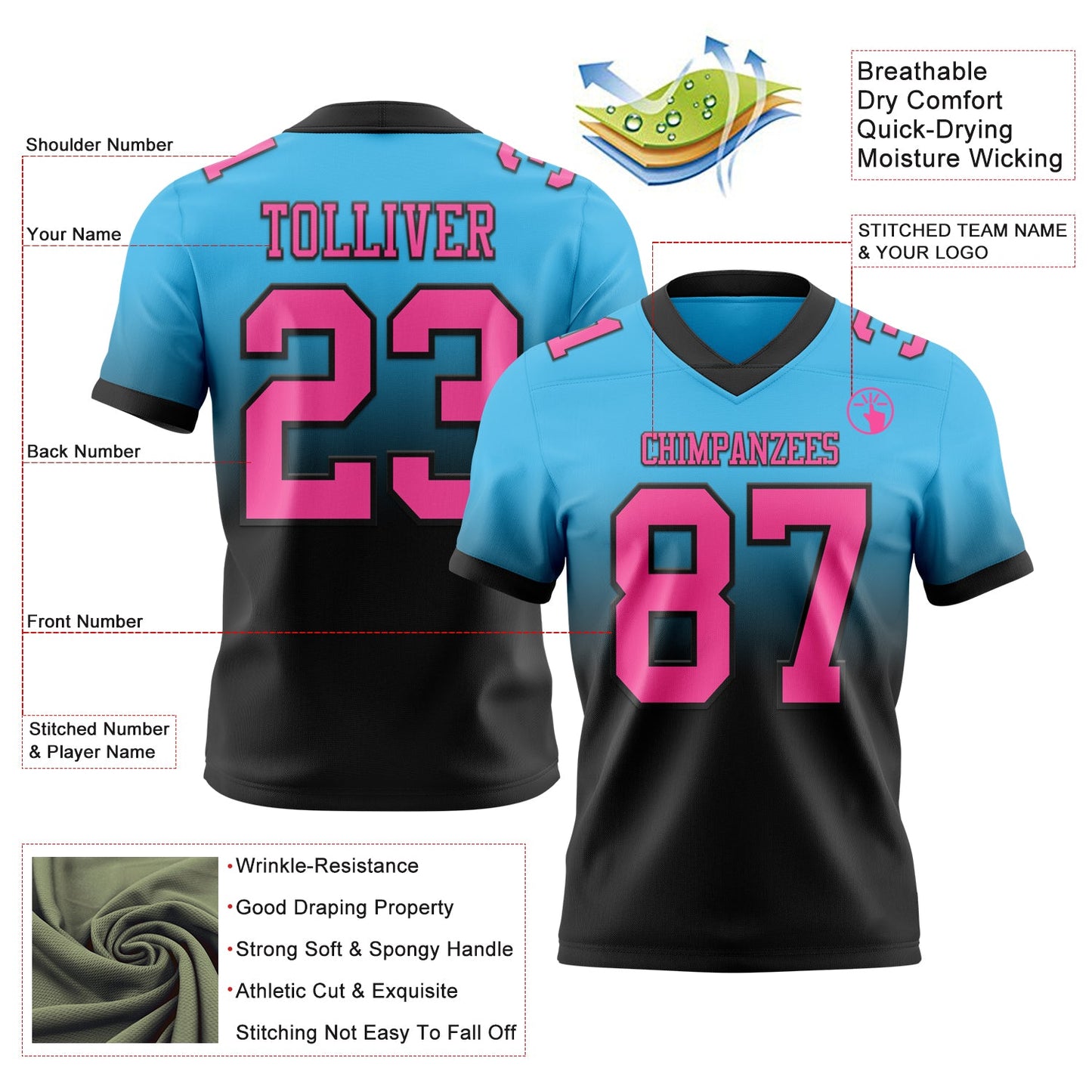Custom Sky Blue Pink-Black Authentic Fade Fashion Football Jersey view 2
