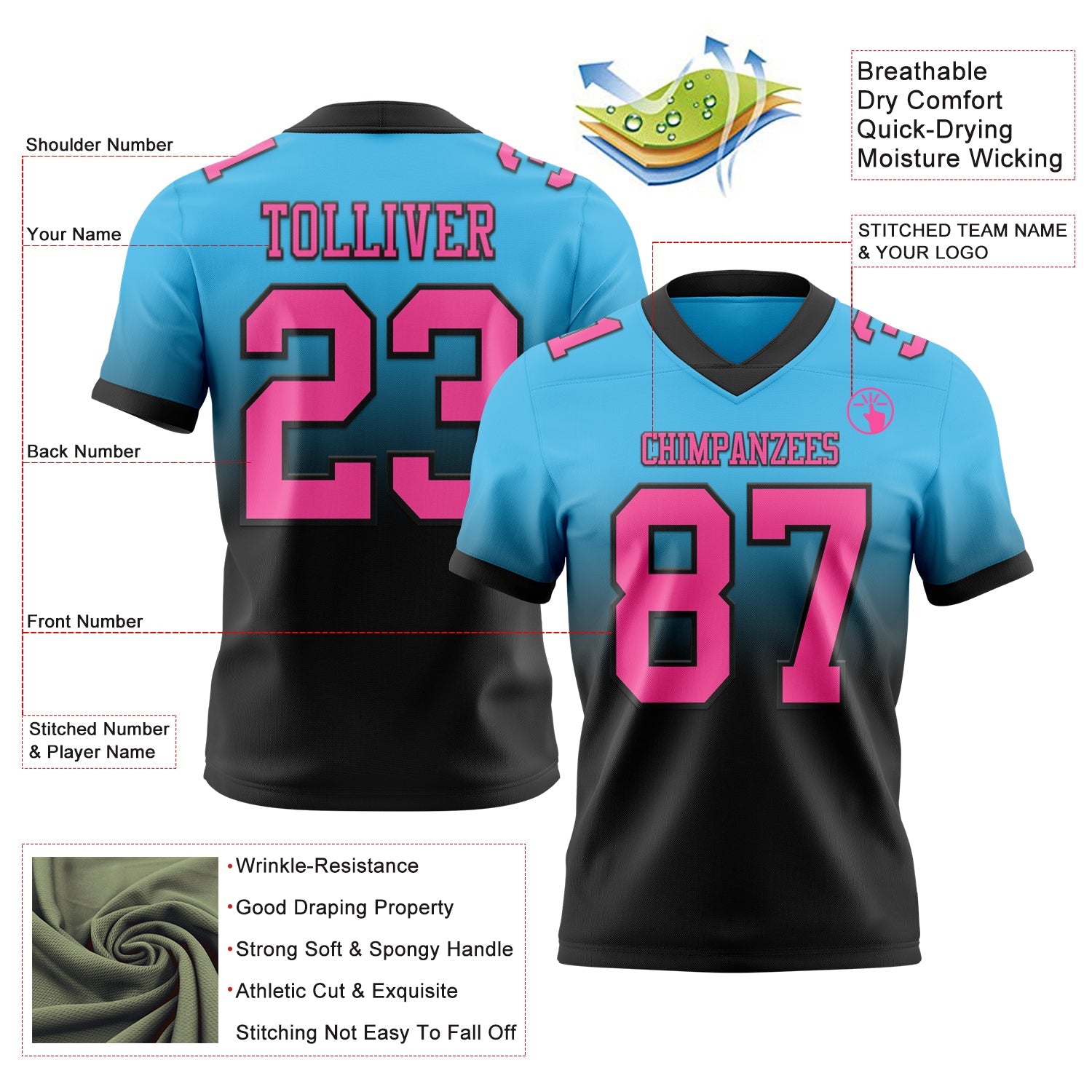 Custom Sky Blue Pink-Black Authentic Fade Fashion Football Jersey view 2