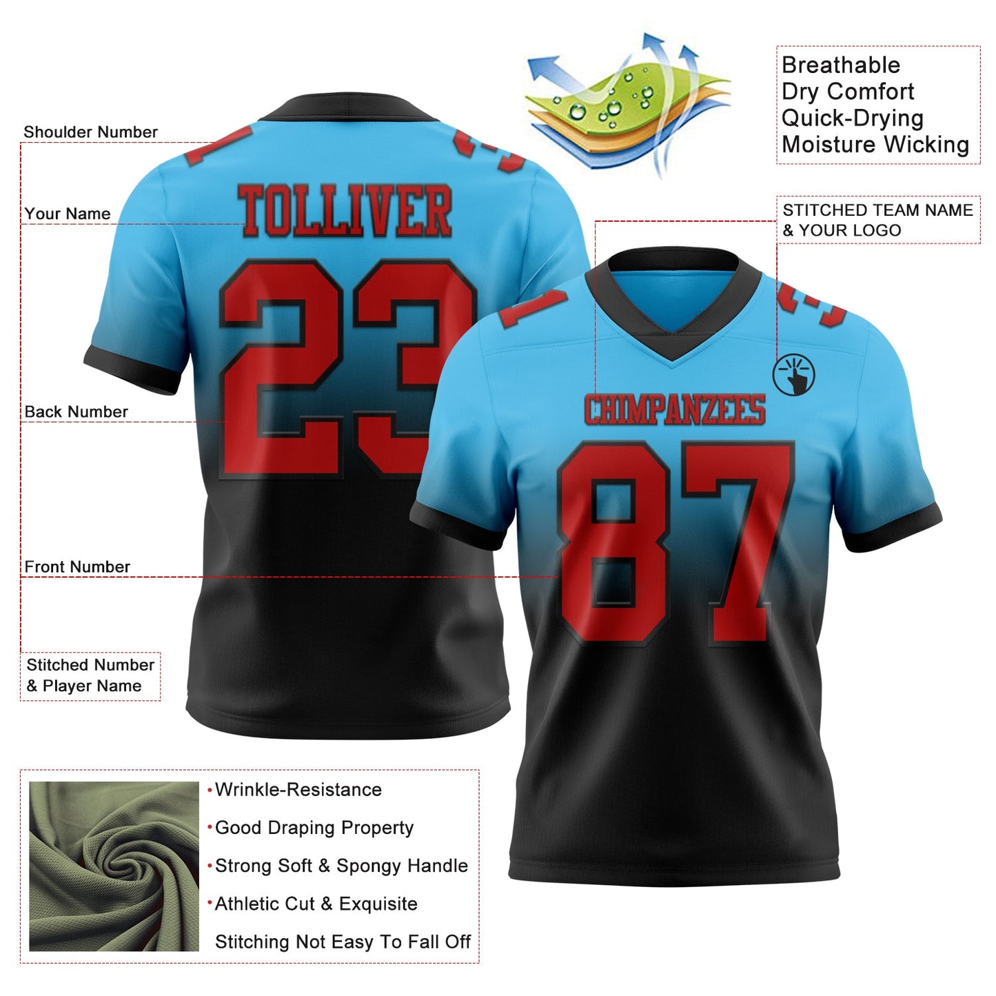 Custom Sky Blue Red-Black Authentic Fade Fashion Football Jersey view 2