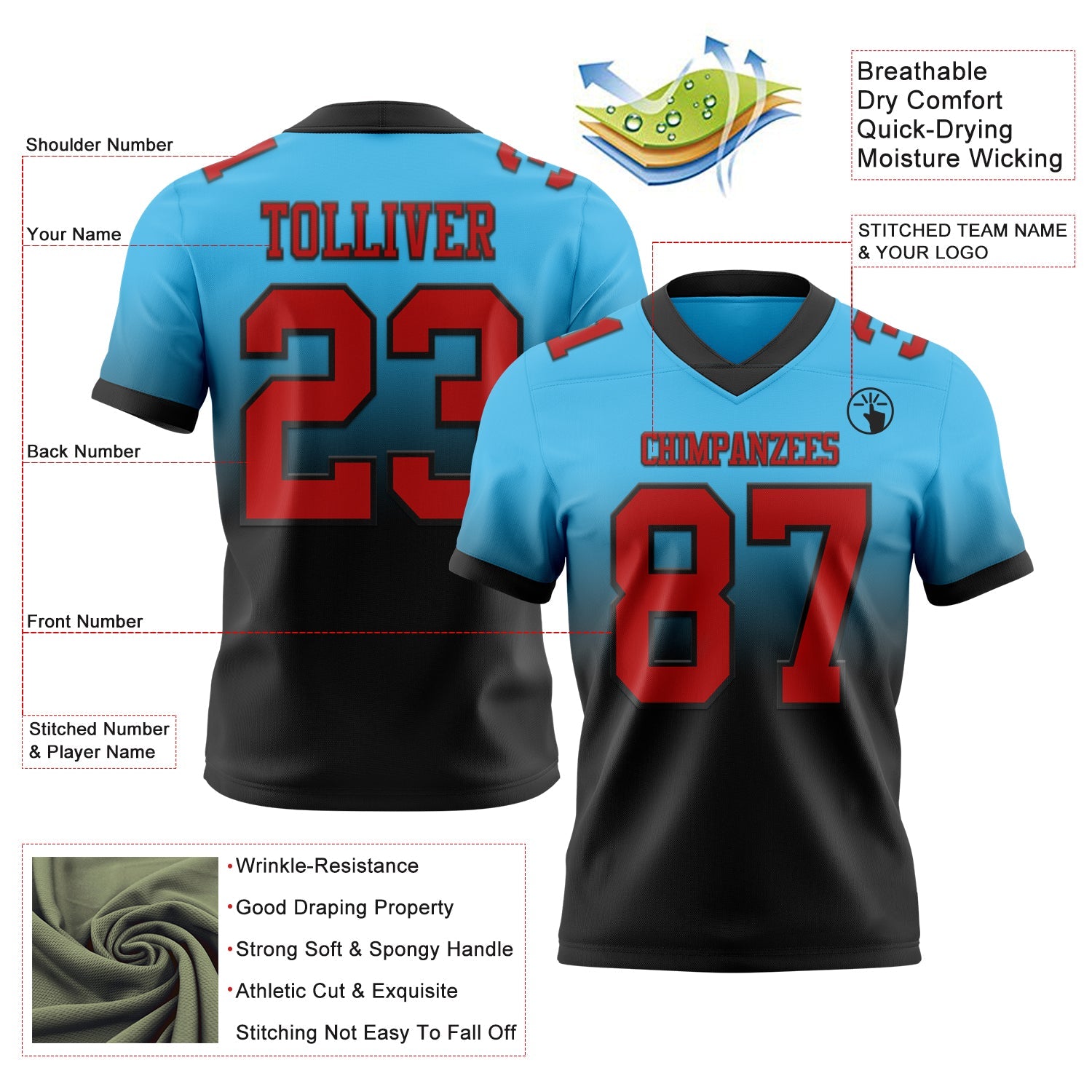 Custom Sky Blue Red-Black Authentic Fade Fashion Football Jersey view 2