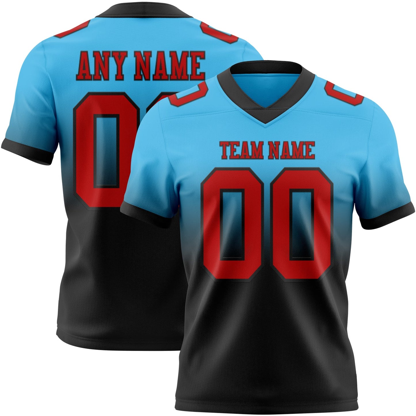 Custom Sky Blue Red-Black Authentic Fade Fashion Football Jersey - Main View