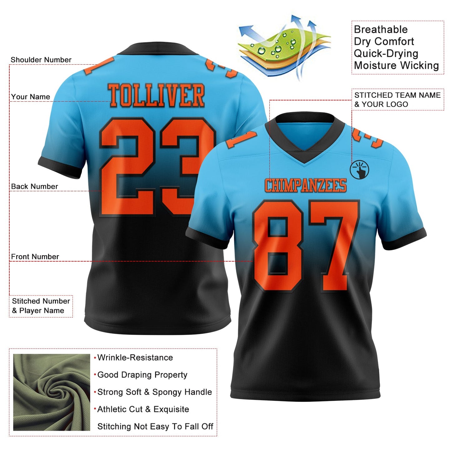 Custom Sky Blue Orange-Black Authentic Fade Fashion Football Jersey view 2