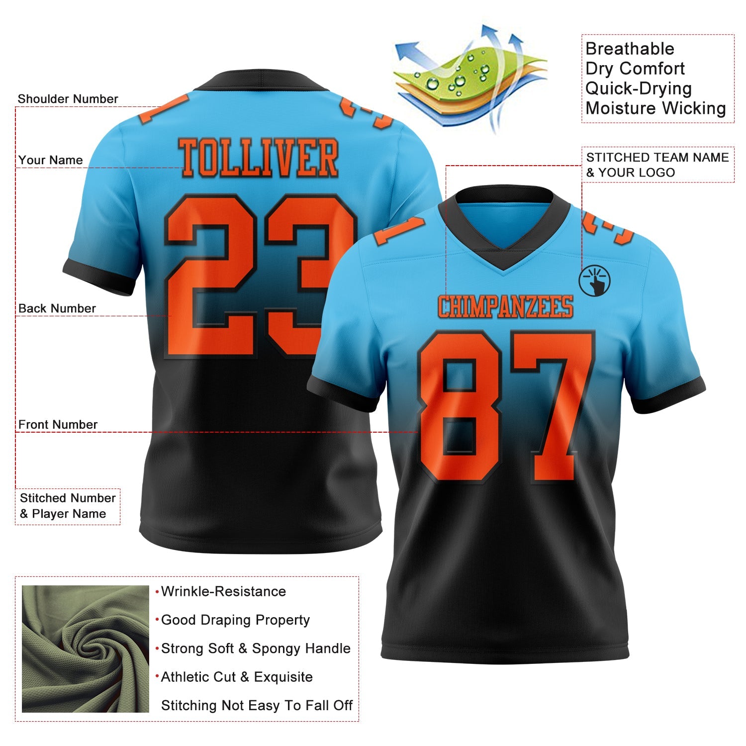 Custom Sky Blue Orange-Black Authentic Fade Fashion Football Jersey view 2