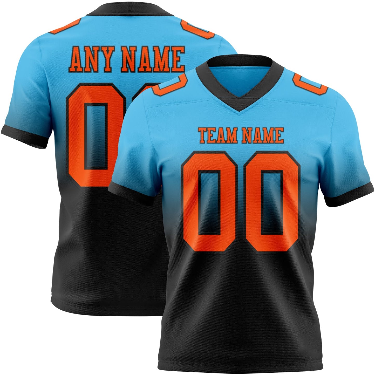 Custom Sky Blue Orange-Black Authentic Fade Fashion Football Jersey - Main View