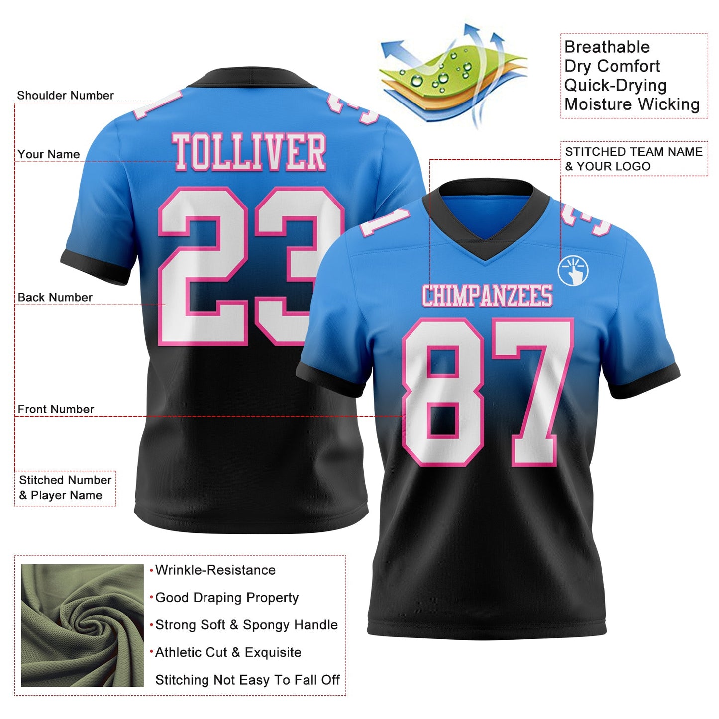 Custom Powder Blue White Black-Pink Authentic Fade Fashion Football Jersey view 2