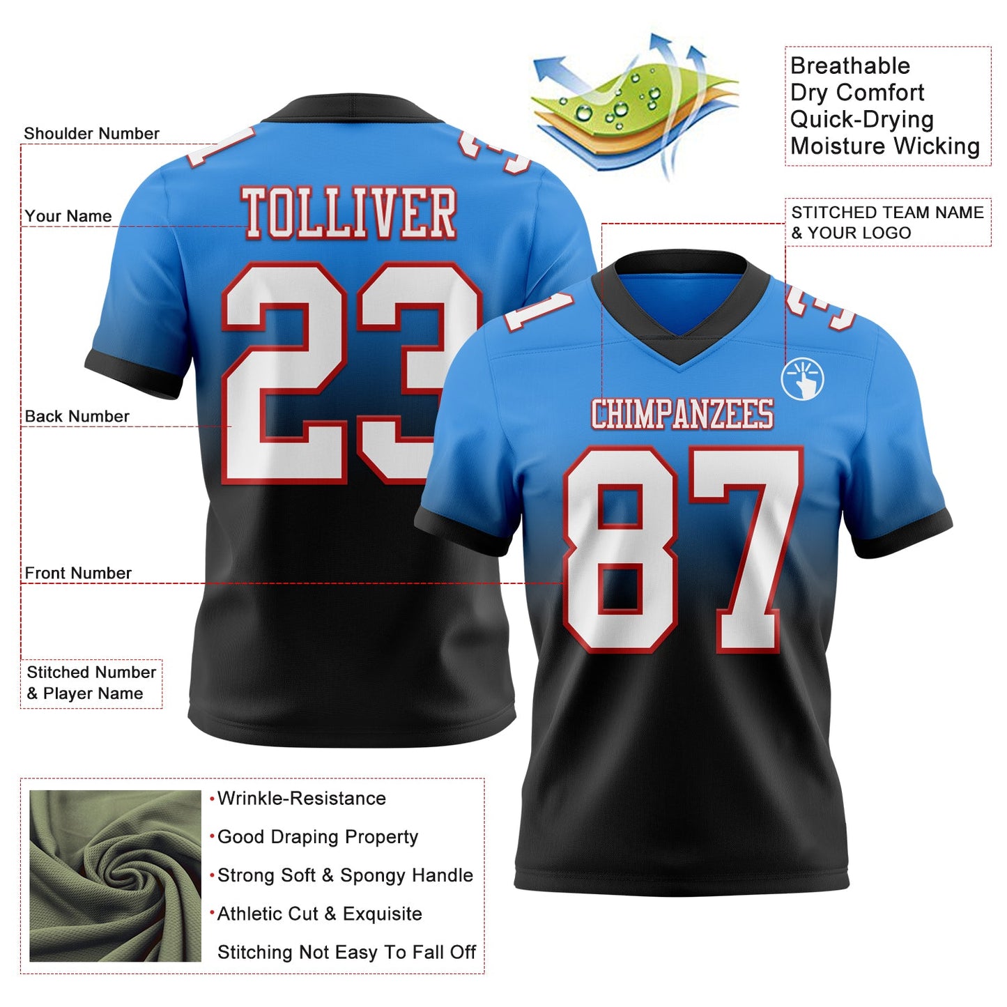 Custom Powder Blue White Black-Red Authentic Fade Fashion Football Jersey view 2