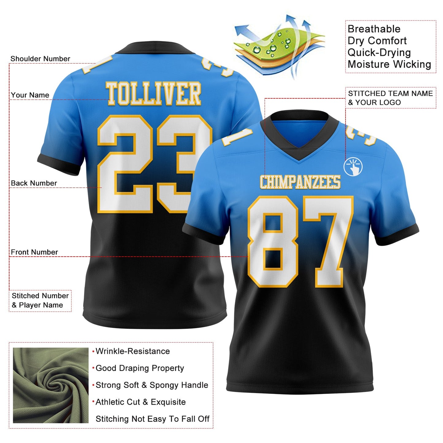 Custom Powder Blue White Black-Gold Authentic Fade Fashion Football Jersey view 2
