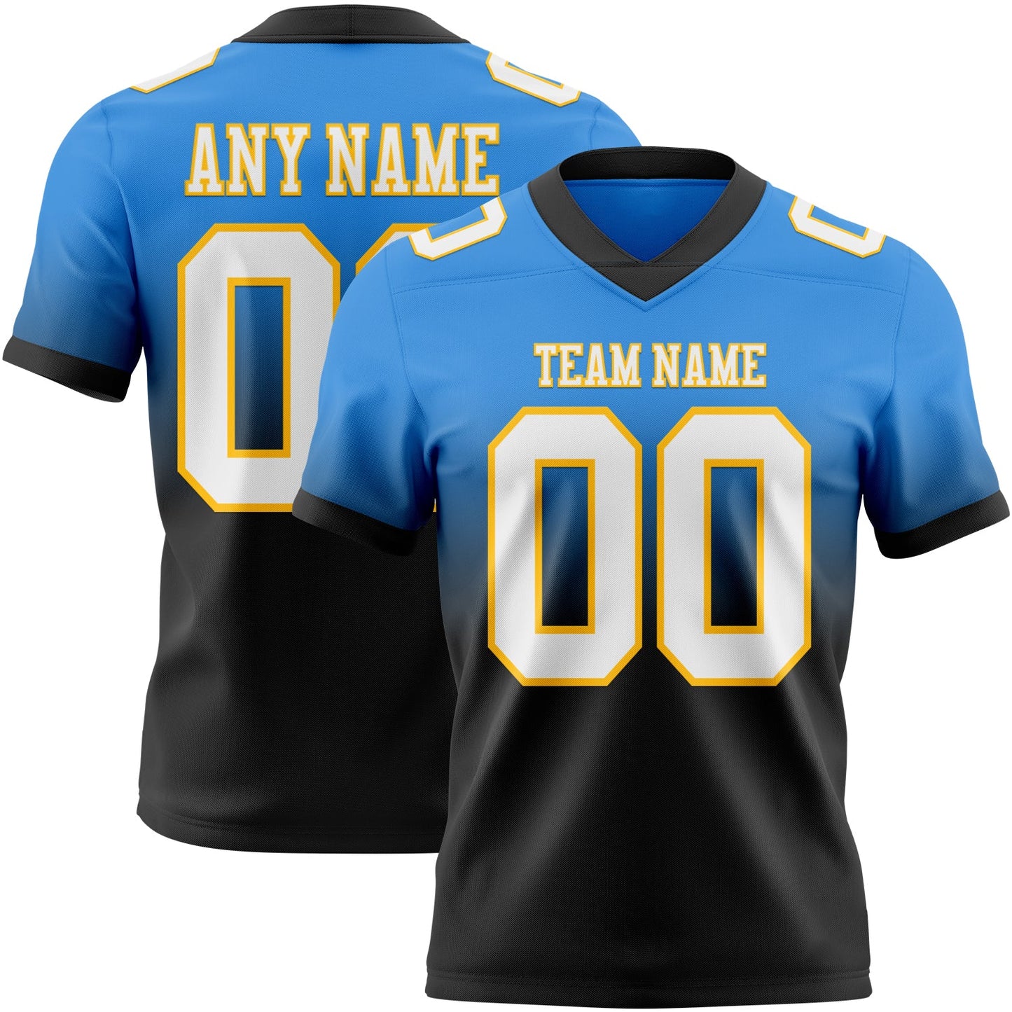 Custom Powder Blue White Black-Gold Authentic Fade Fashion Football Jersey - Main View