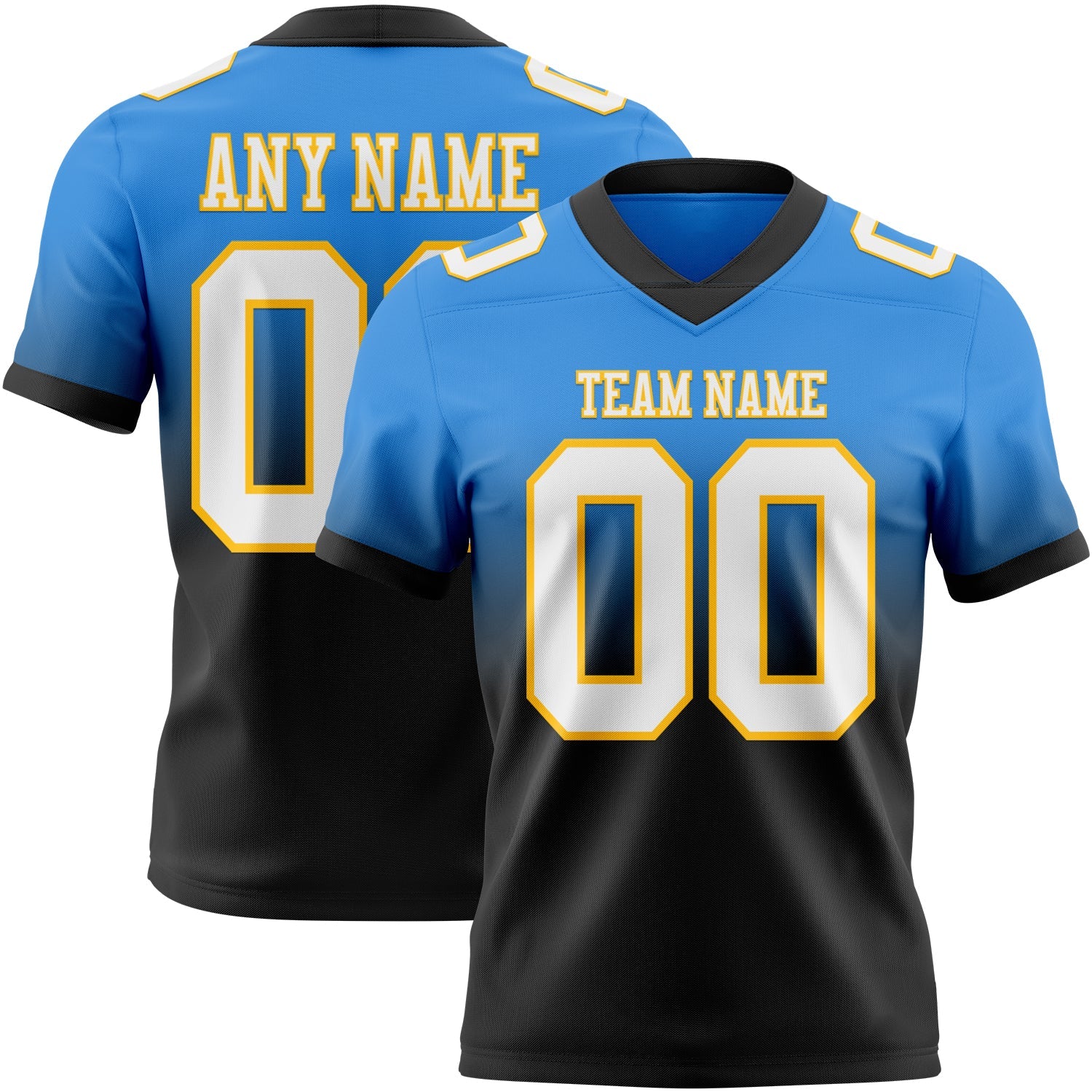 Custom Powder Blue White Black-Gold Authentic Fade Fashion Football Jersey - Main View