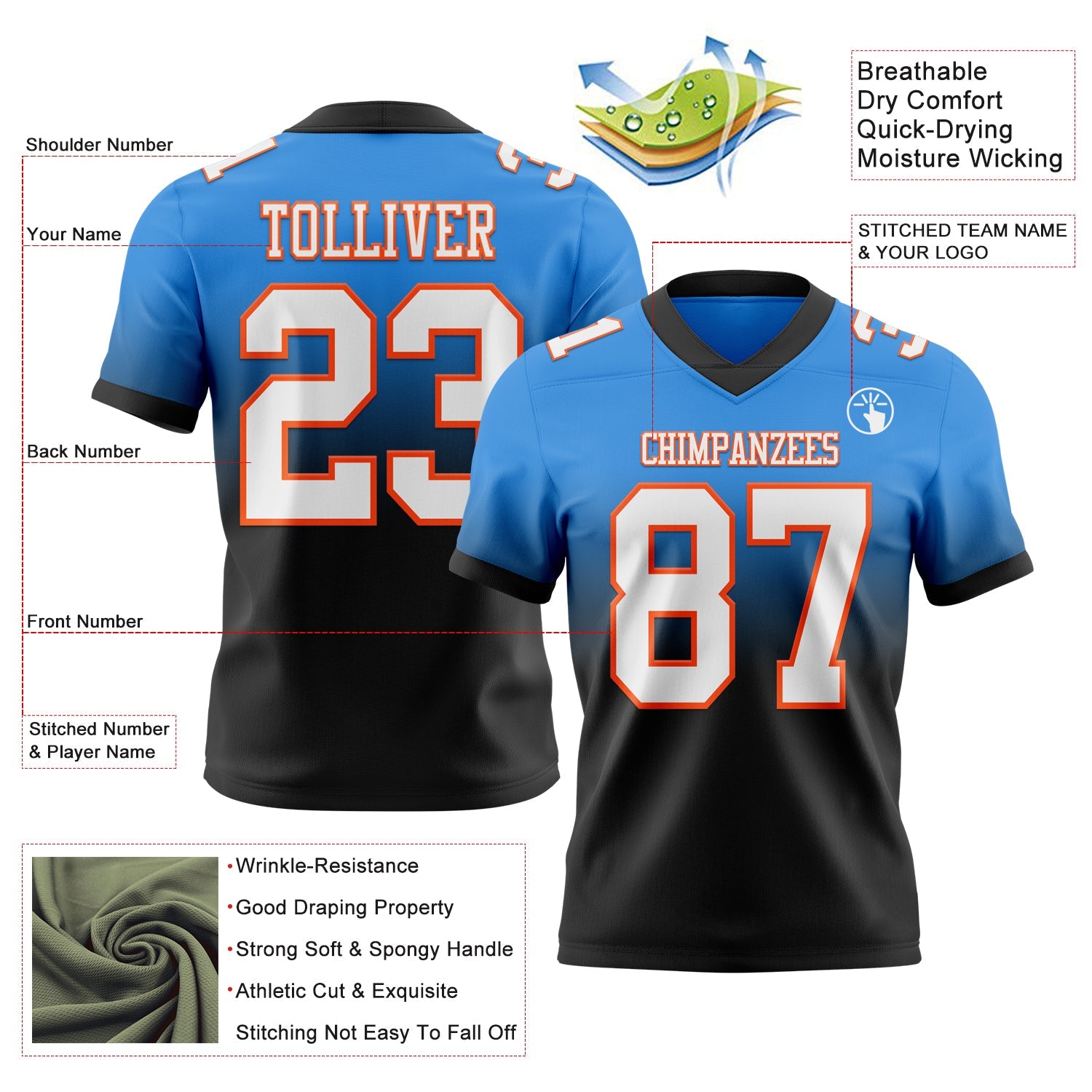 Custom Powder Blue White Black-Orange Authentic Fade Fashion Football Jersey view 2