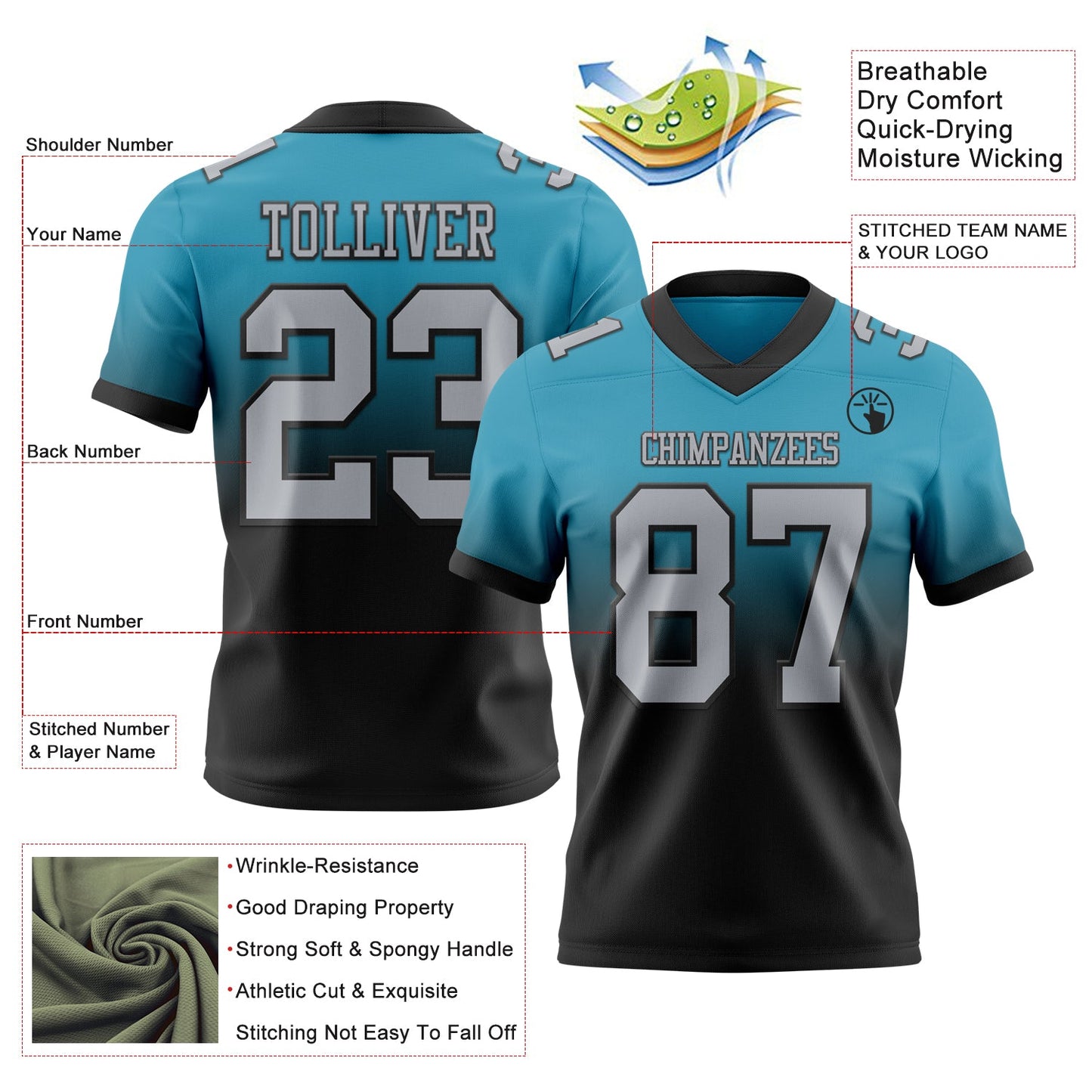 Custom Panther Blue Gray-Black Authentic Fade Fashion Football Jersey view 2