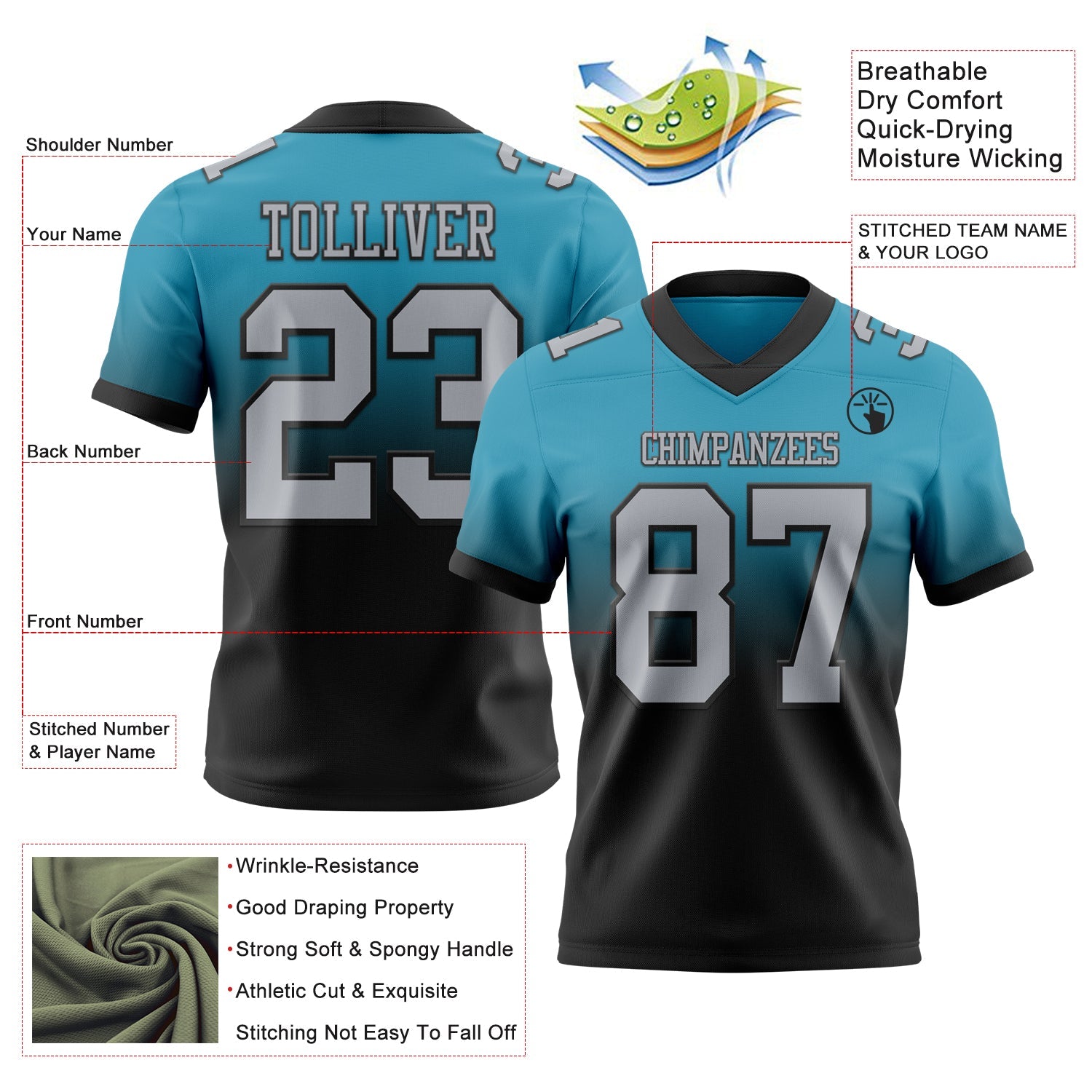 Custom Panther Blue Gray-Black Authentic Fade Fashion Football Jersey view 2