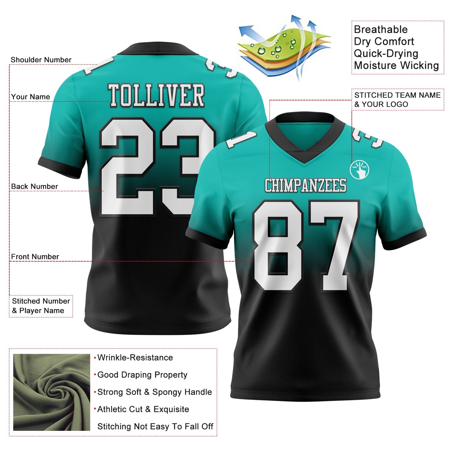Custom Aqua White-Black Authentic Fade Fashion Football Jersey view 2