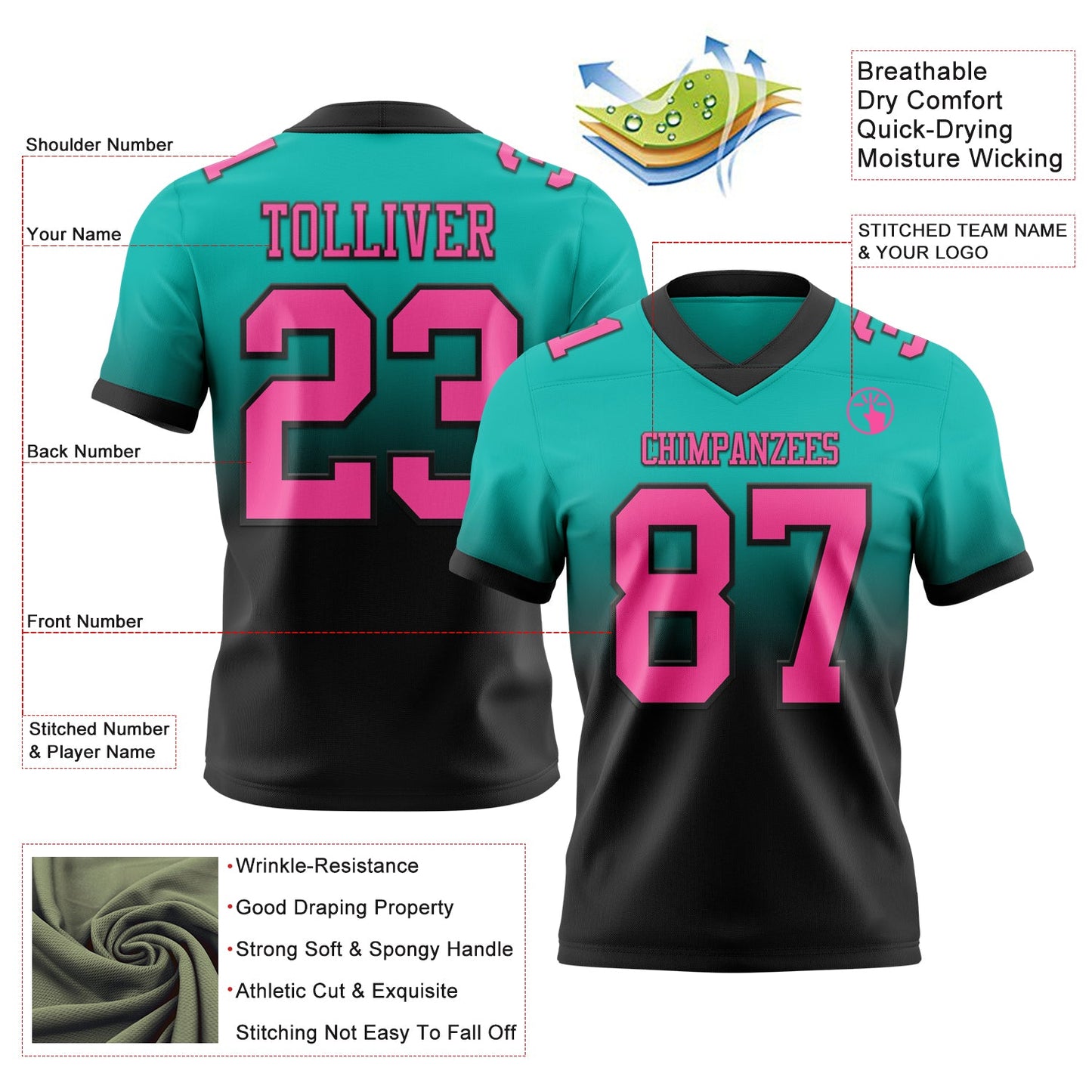 Custom Aqua Pink-Black Authentic Fade Fashion Football Jersey view 2