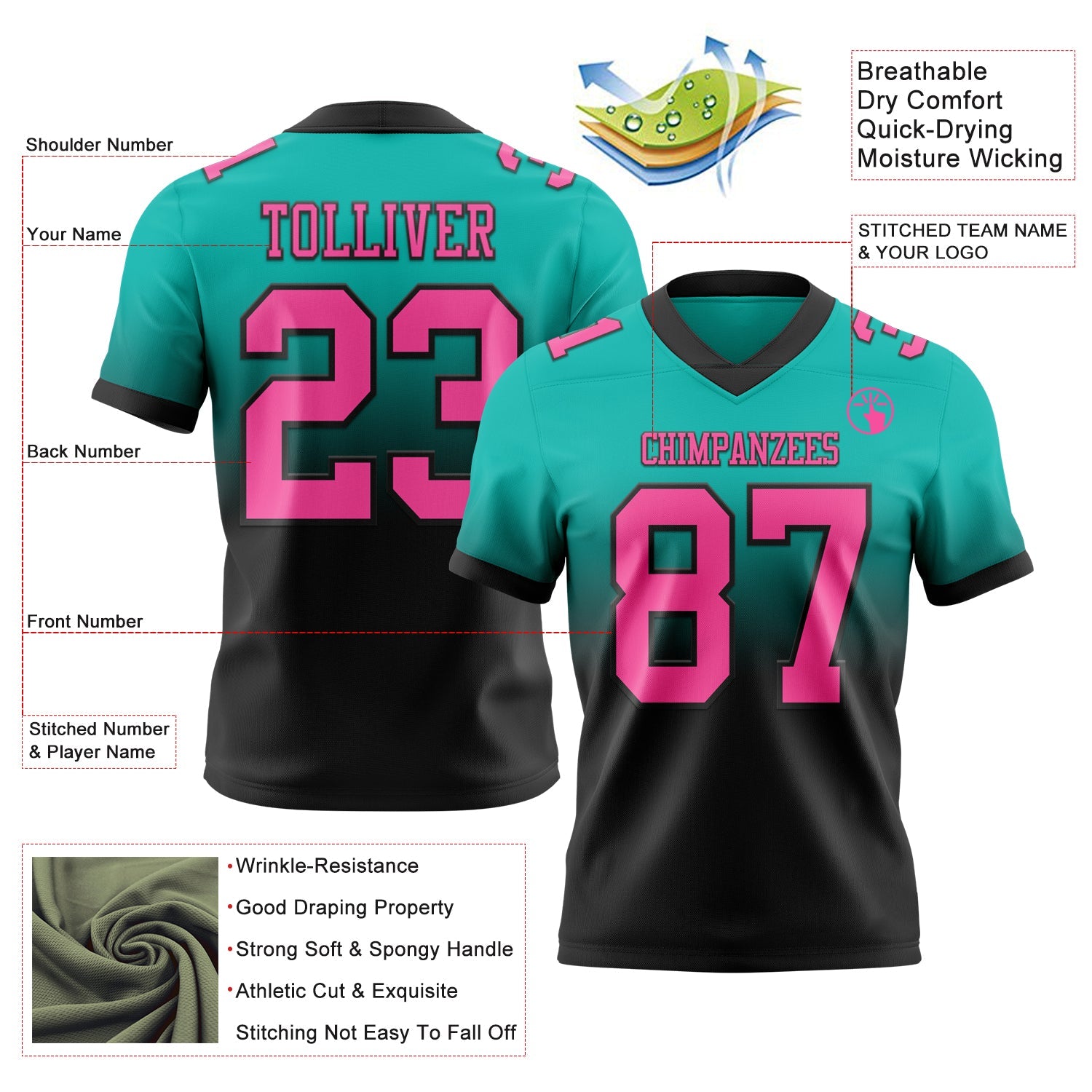 Custom Aqua Pink-Black Authentic Fade Fashion Football Jersey view 2