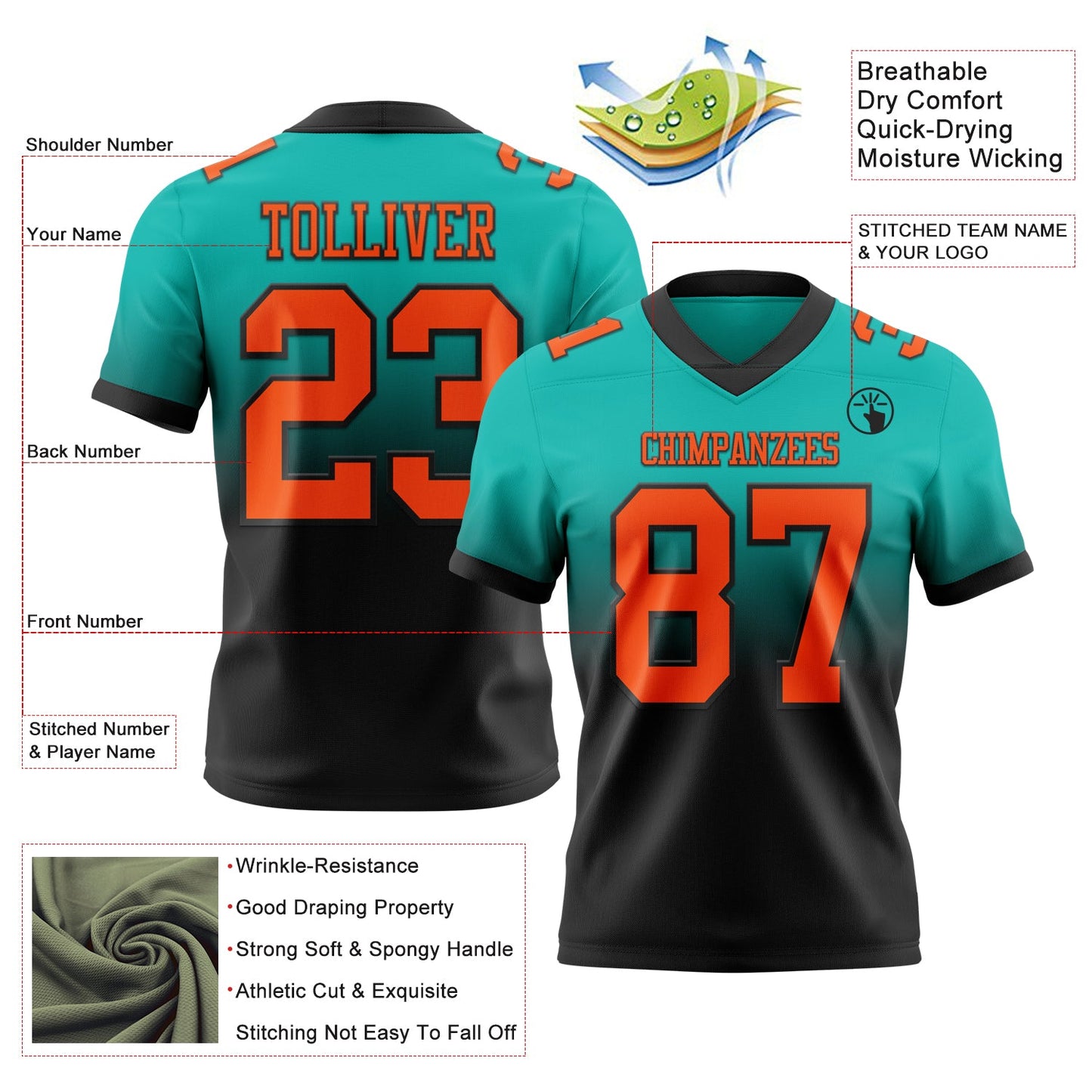 Custom Aqua Orange-Black Authentic Fade Fashion Football Jersey view 2