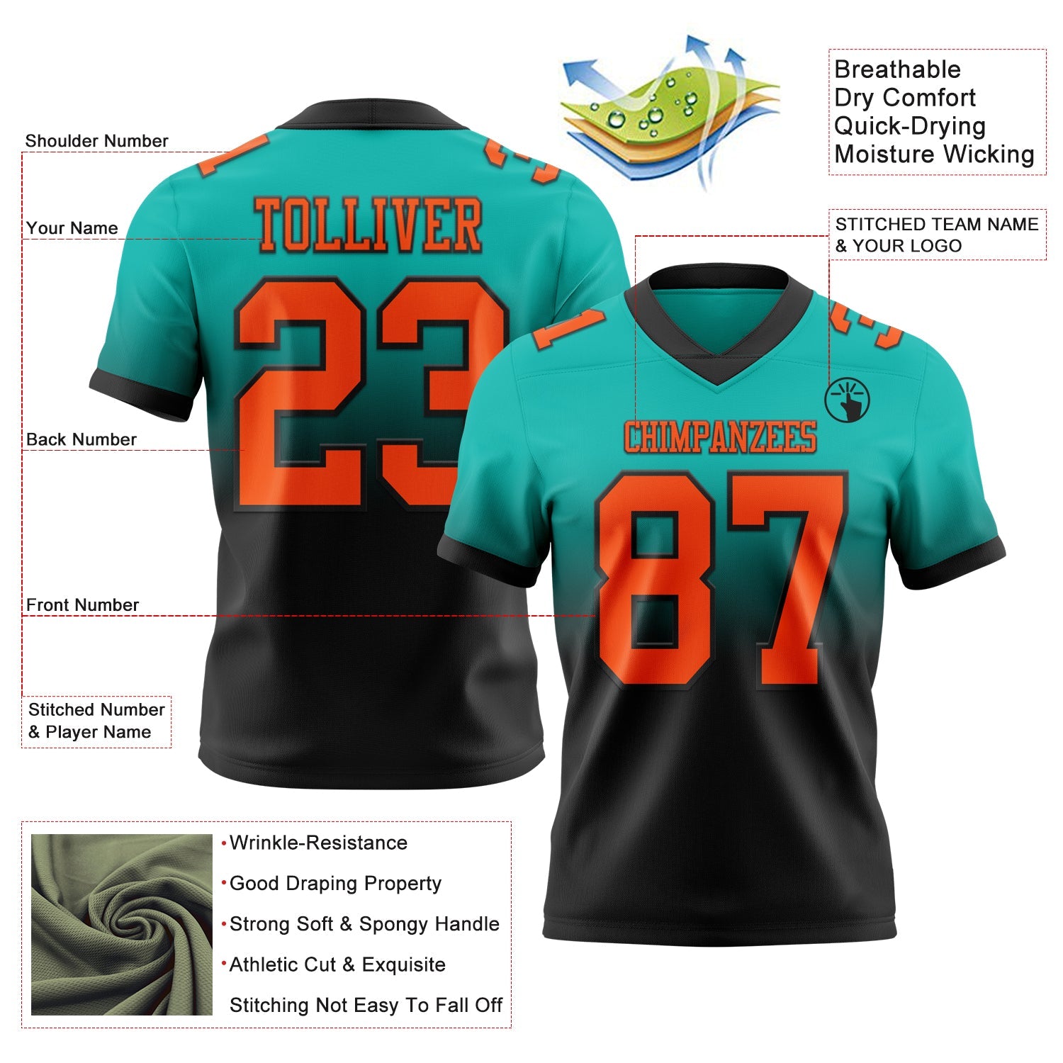 Custom Aqua Orange-Black Authentic Fade Fashion Football Jersey view 2