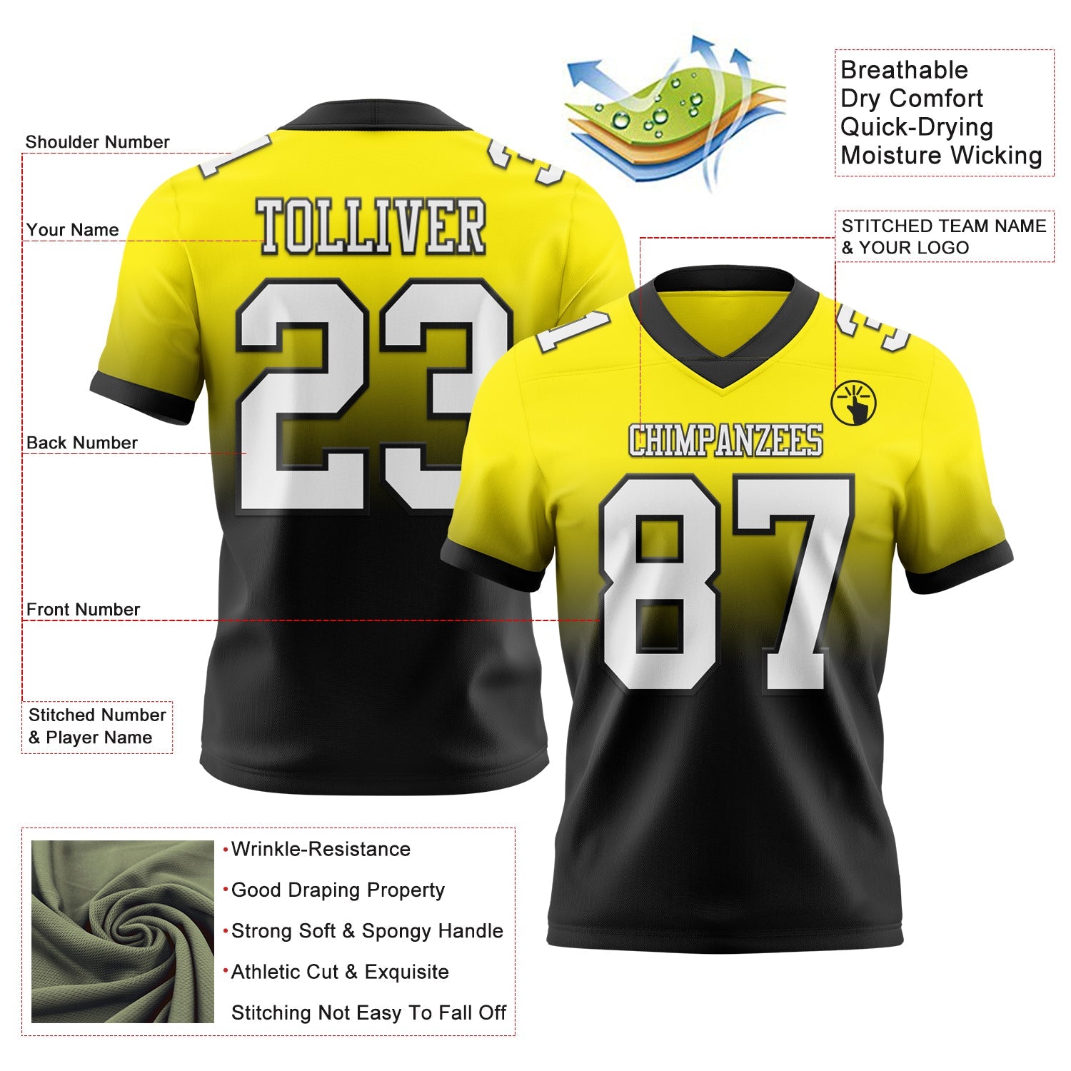 Custom Light Yellow White-Black Authentic Fade Fashion Football Jersey view 2