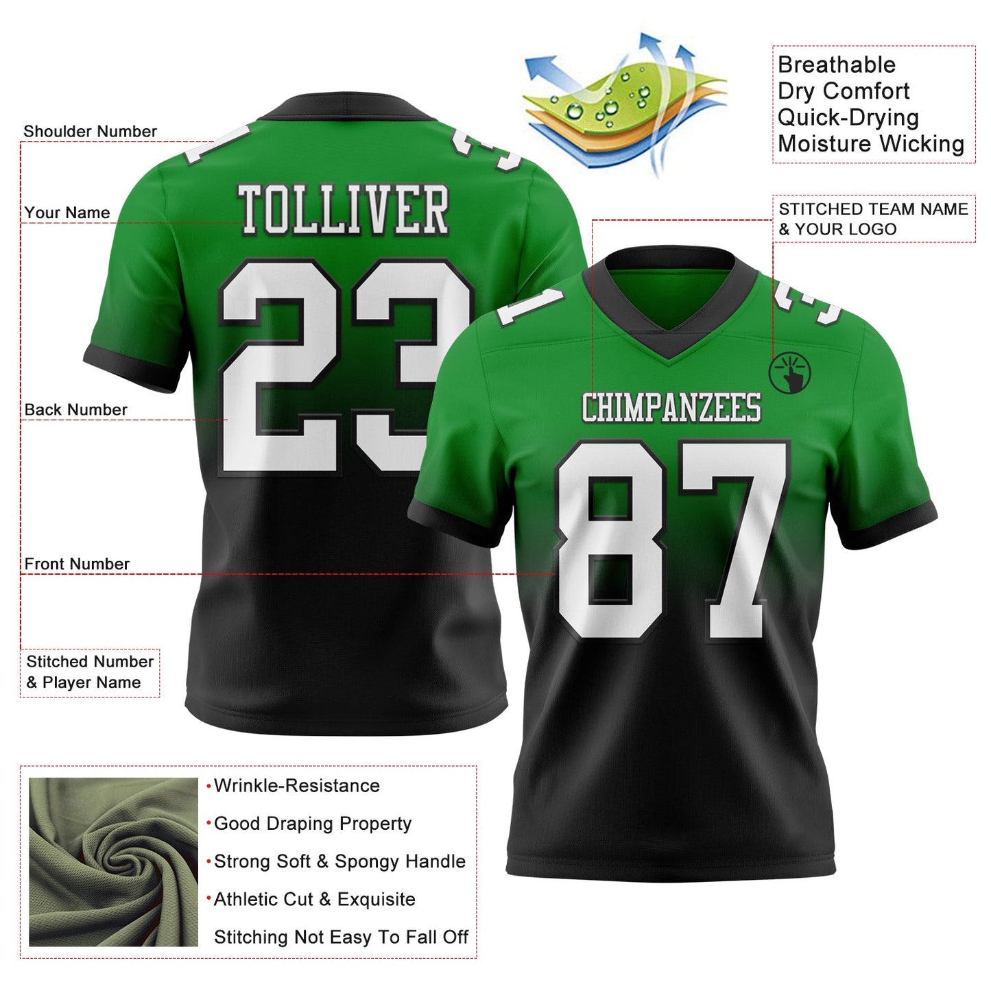 Custom Grass Green White-Black Authentic Fade Fashion Football Jersey view 2