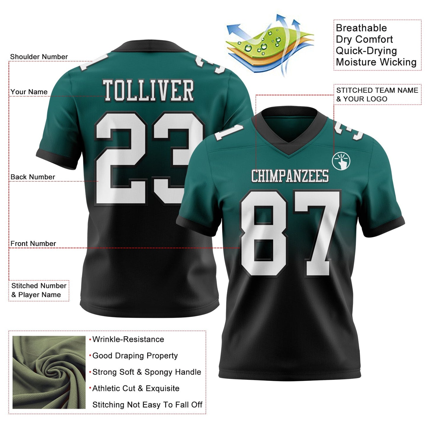 Custom Midnight Green White-Black Authentic Fade Fashion Football Jersey view 2