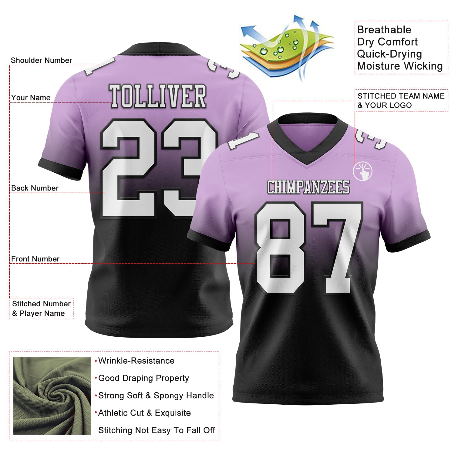 Custom Light Purple White-Black Authentic Fade Fashion Football Jersey view 2
