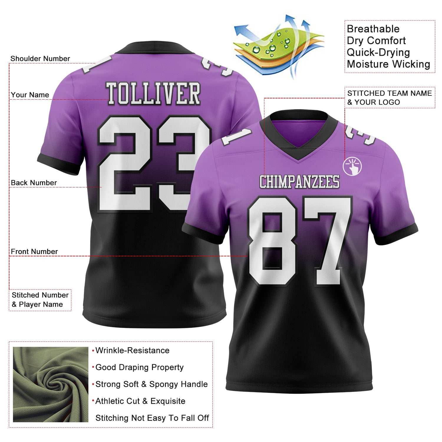 Custom Medium Purple White-Black Authentic Fade Fashion Football Jersey view 2