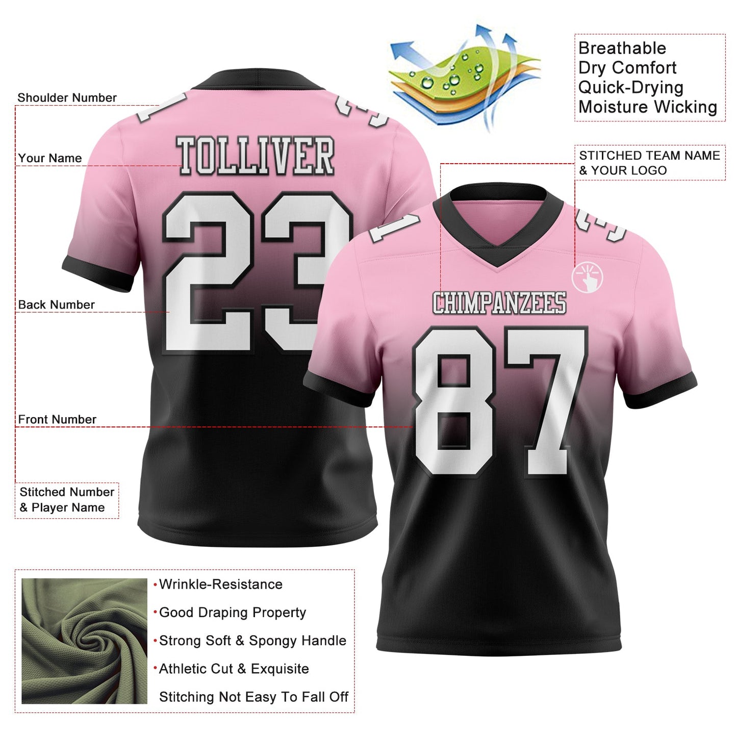 Custom Light Pink White-Black Authentic Fade Fashion Football Jersey view 2