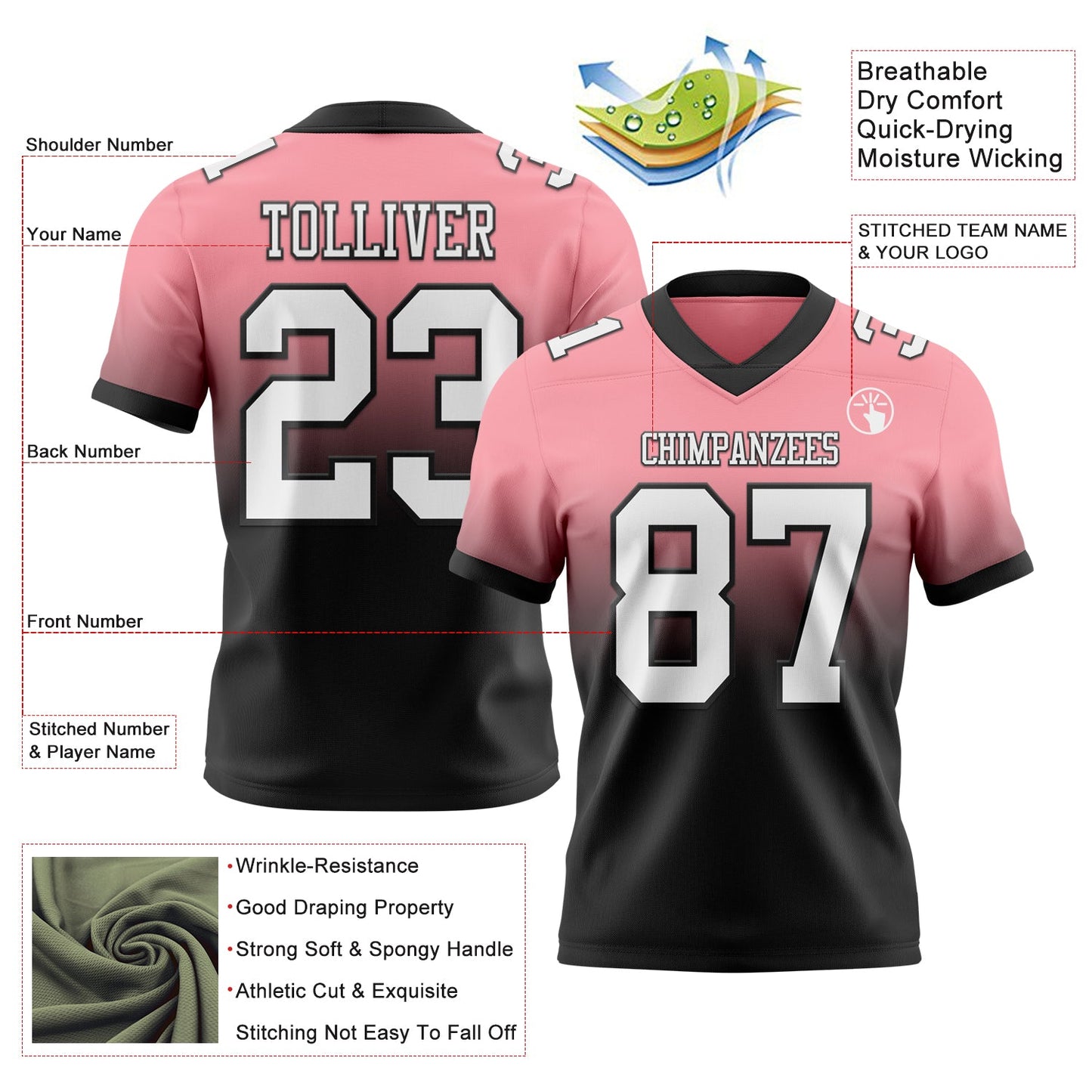 Custom Medium Pink White-Black Authentic Fade Fashion Football Jersey view 2