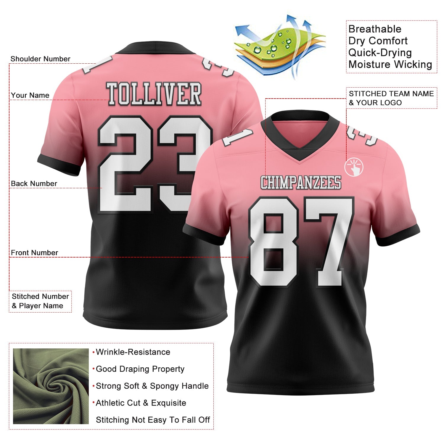 Custom Medium Pink White-Black Authentic Fade Fashion Football Jersey view 2