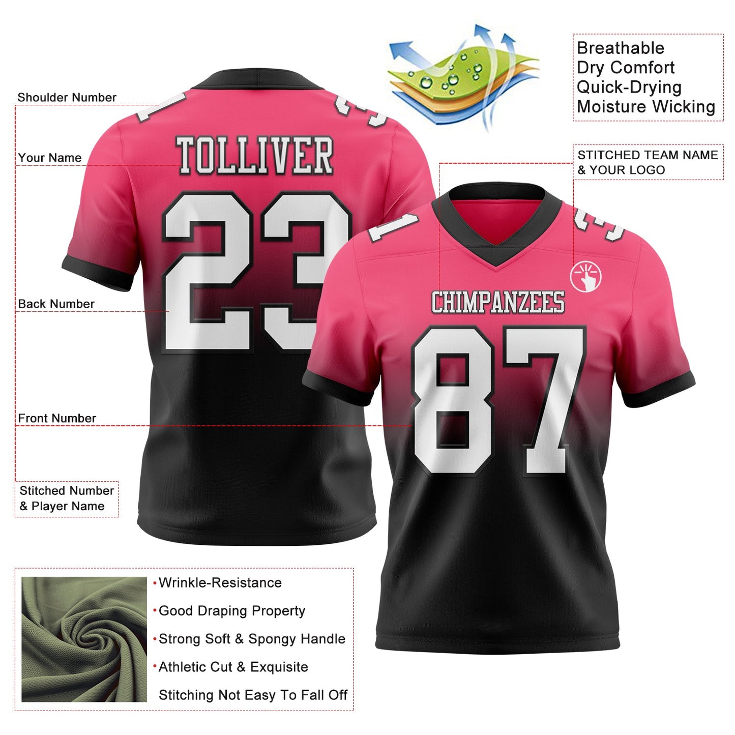 Custom Neon Pink White-Black Authentic Fade Fashion Football Jersey view 2