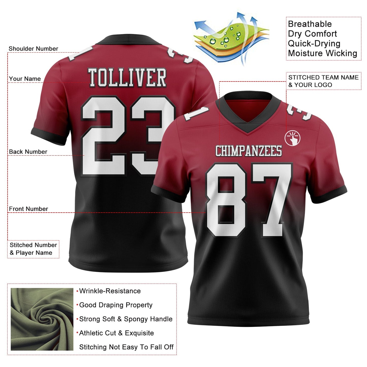 Custom Cardinal White-Black Authentic Fade Fashion Football Jersey view 2