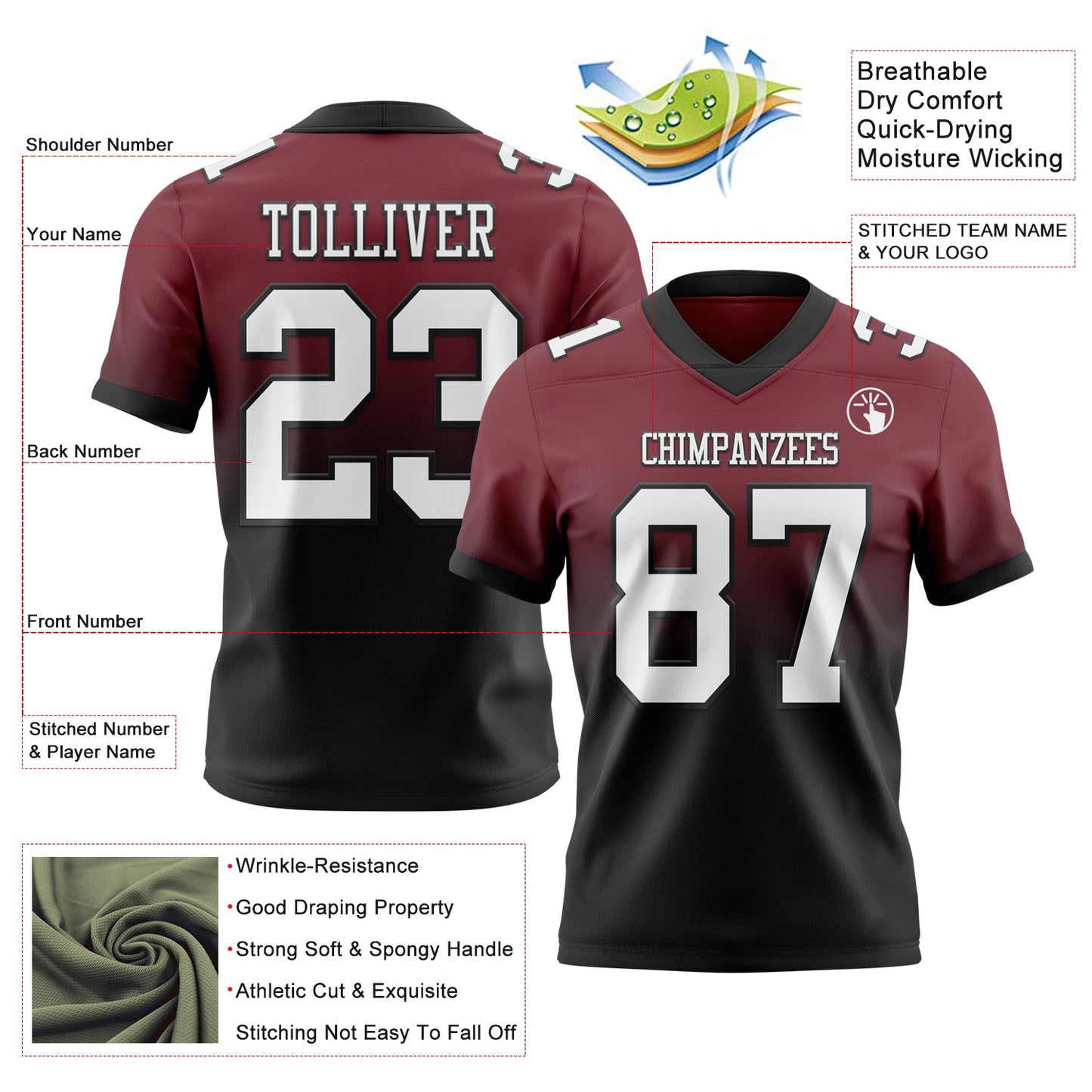 Custom Burgundy White-Black Authentic Fade Fashion Football Jersey view 2