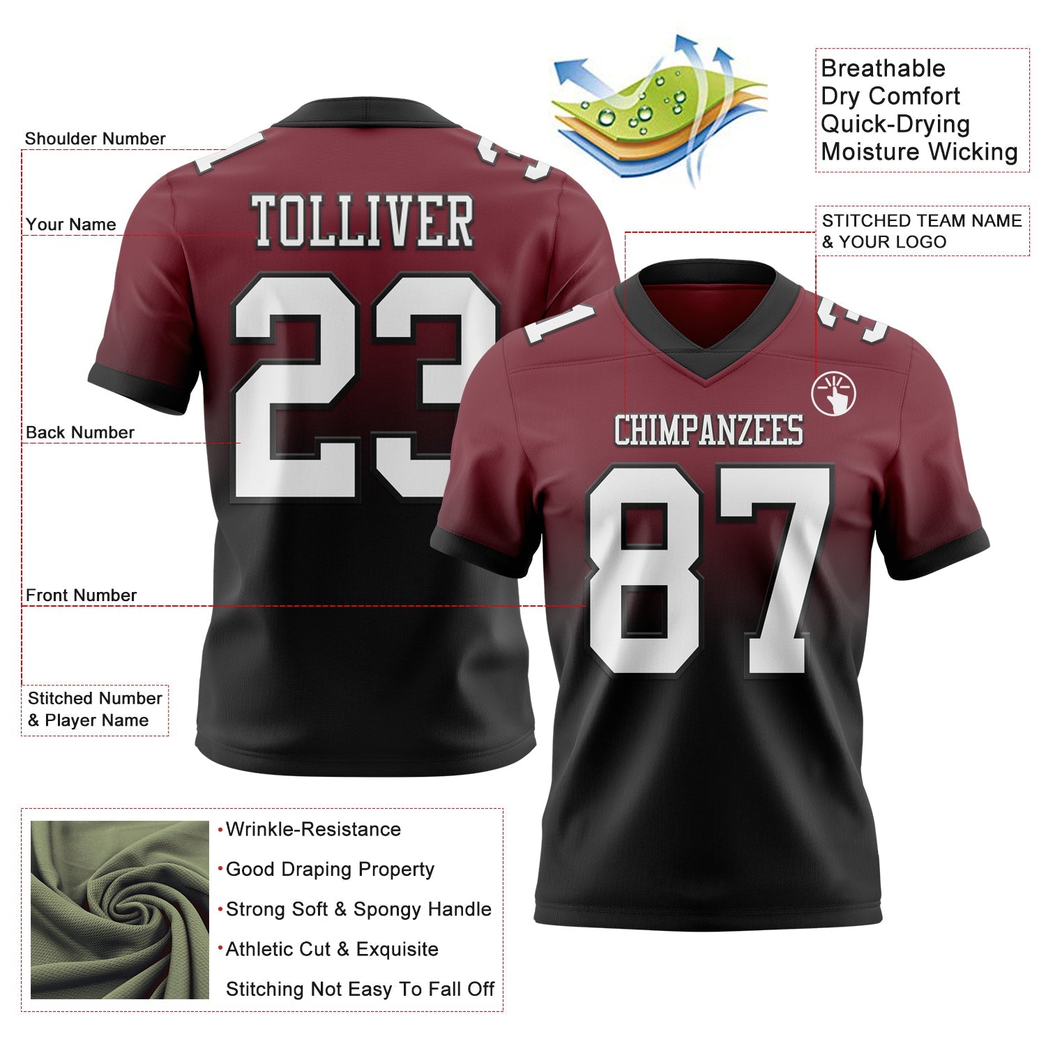Custom Burgundy White-Black Authentic Fade Fashion Football Jersey view 2