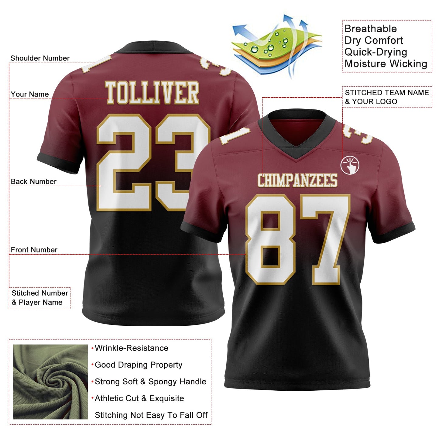 Custom Burgundy White Black-Old Gold Authentic Fade Fashion Football Jersey view 2
