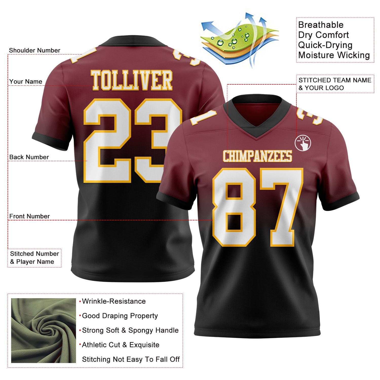 Custom Burgundy White Black-Gold Authentic Fade Fashion Football Jersey view 2