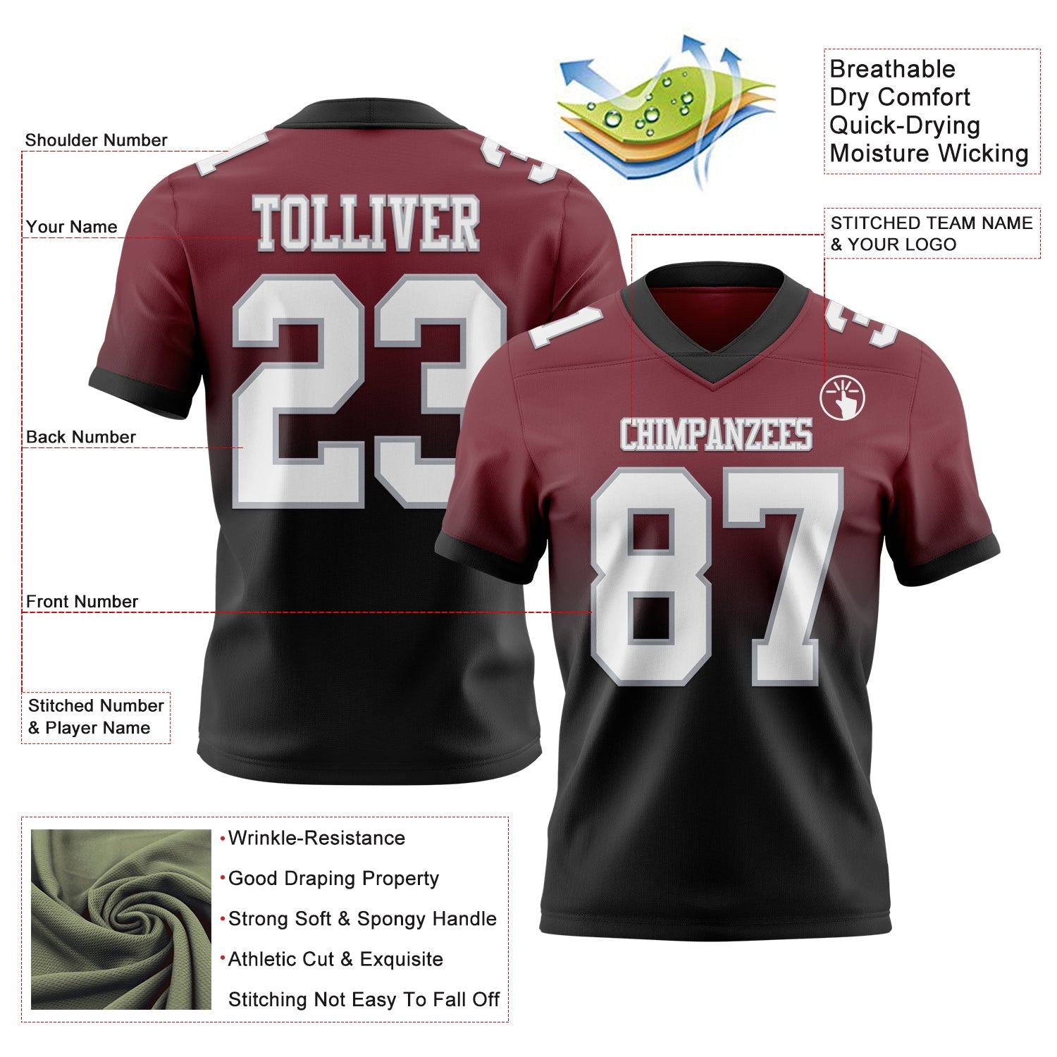Custom Burgundy White Black-Gray Authentic Fade Fashion Football Jersey view 2