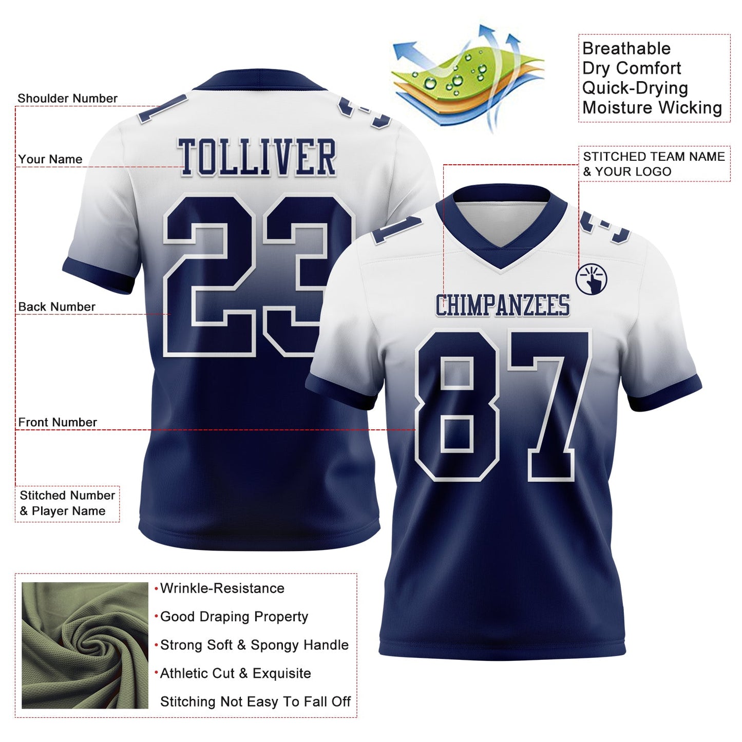 Custom White Navy Authentic Fade Fashion Football Jersey view 2
