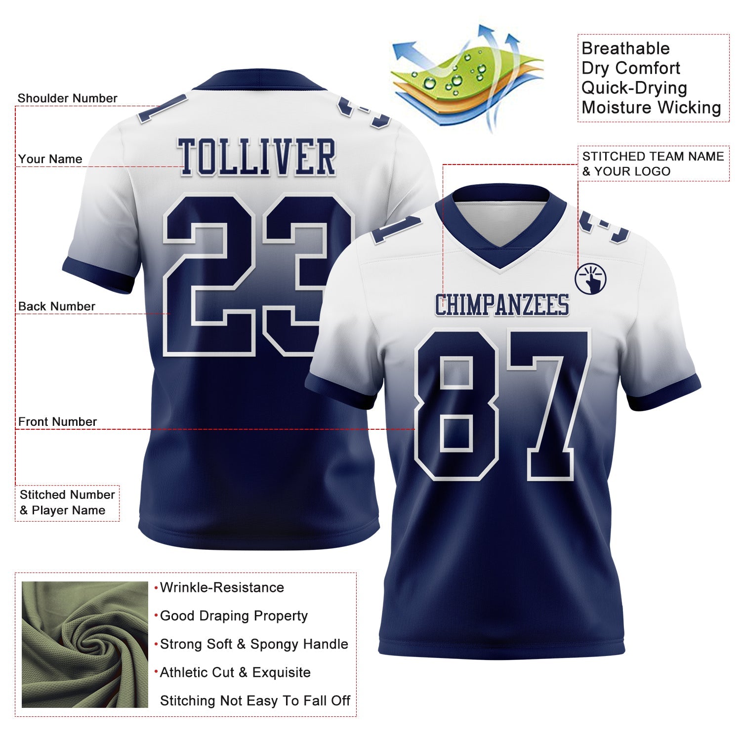 Custom White Navy Authentic Fade Fashion Football Jersey view 2