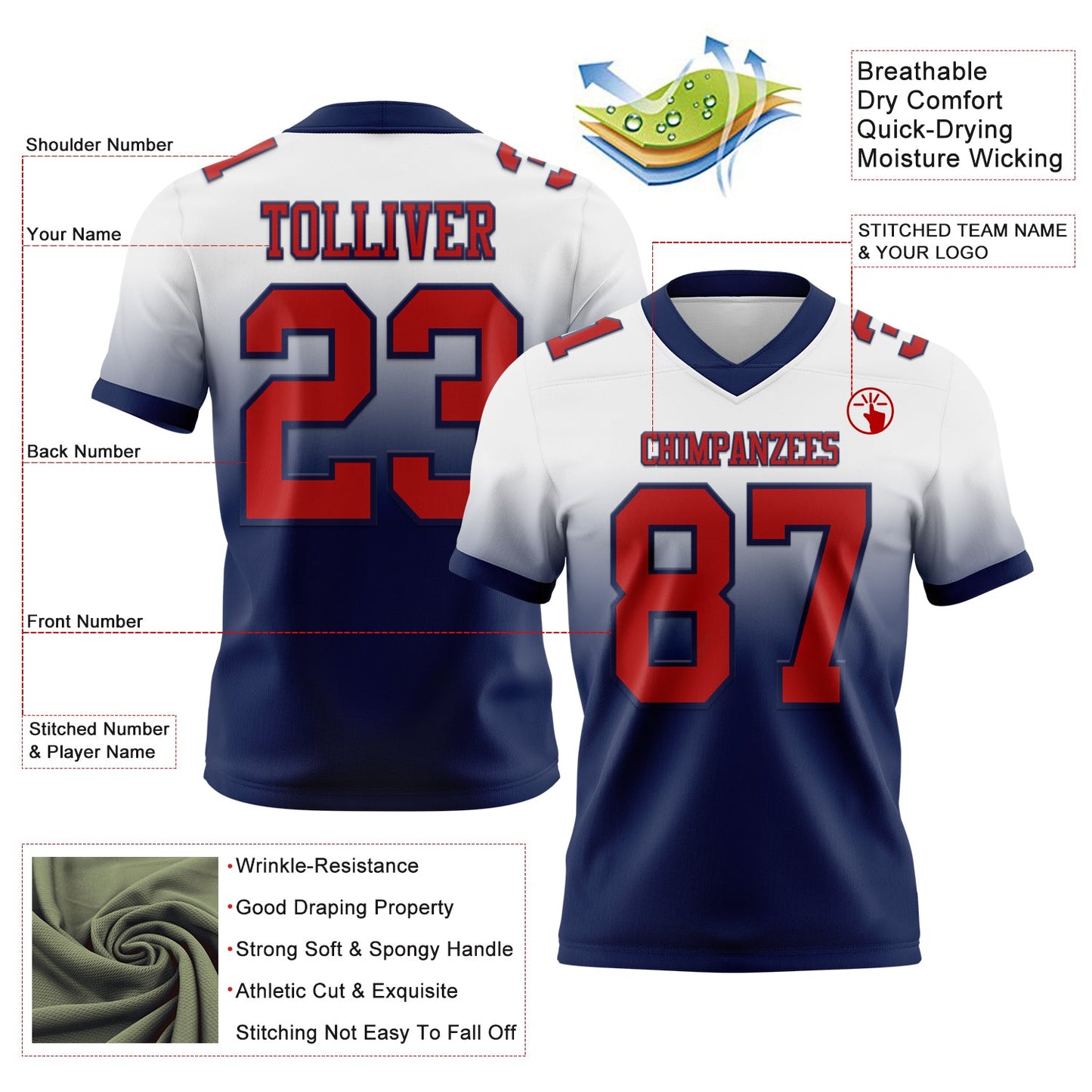 Custom White Red-Navy Authentic Fade Fashion Football Jersey view 2